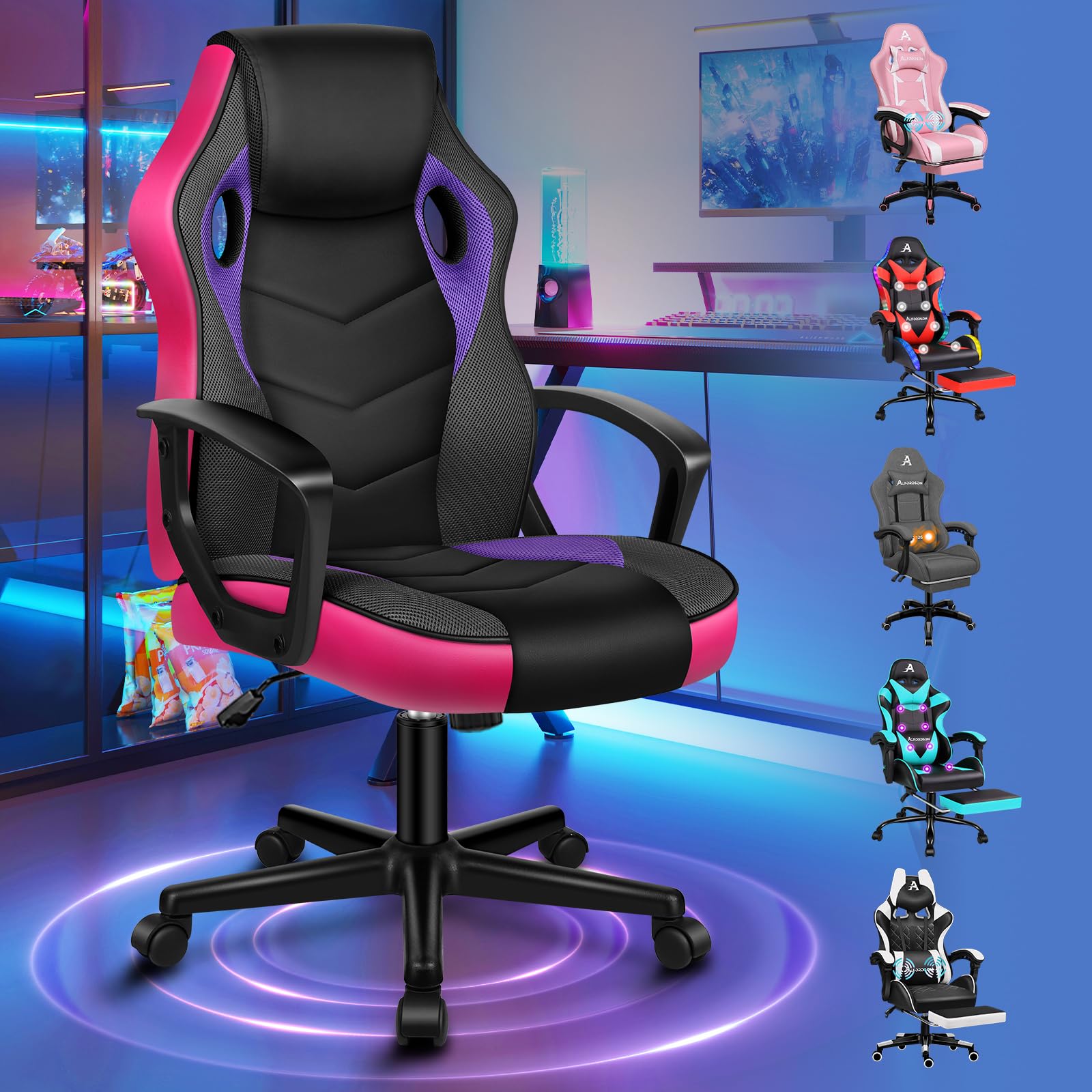 ALFORDSON Silla de Escritorio de Carreras, ergonómica, Ajustable en Altura y Acolchada, con Capacidad de Carga de 150 kg, Silla giratoria para Juegos de PC para Oficina en casa, Color Morado