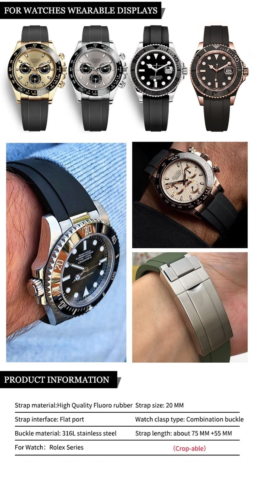 SERDAS Cinturino In Gomma Fluoro Di Alta Qualità Da 20 Mm Per Ruolo Daytona GMT Sottomarino GMT Oysterflex. Cinturino Impermeabile Braccialetto Nero