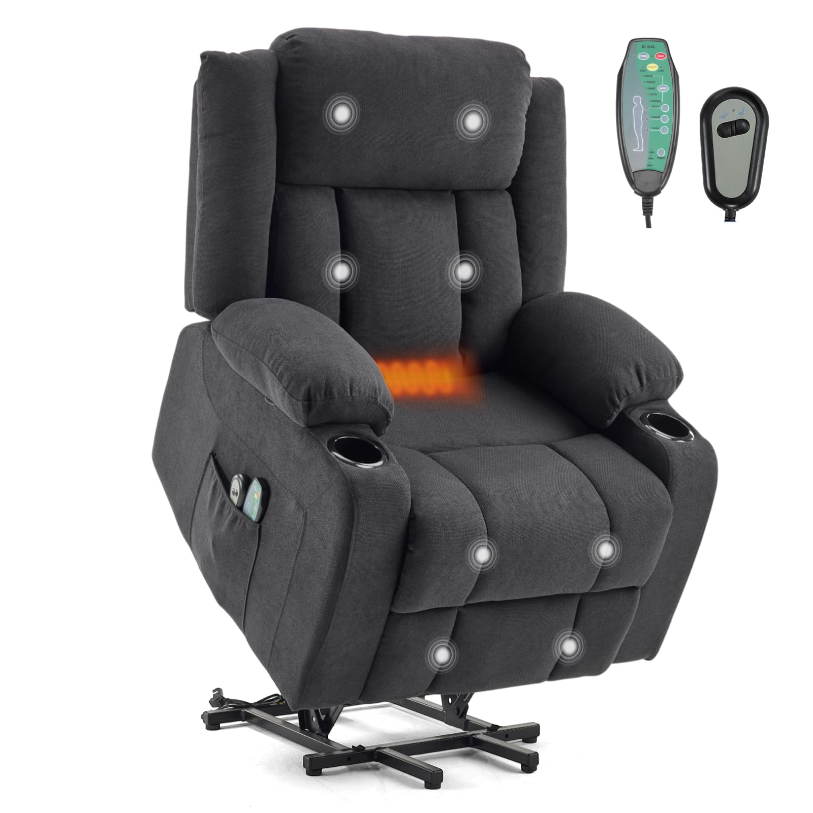 LEADZM Sillón elevador eléctrico relax con función de masaje y calor | inclinación ajustable y reposapiés, mando a distancia incluido, Schwarz