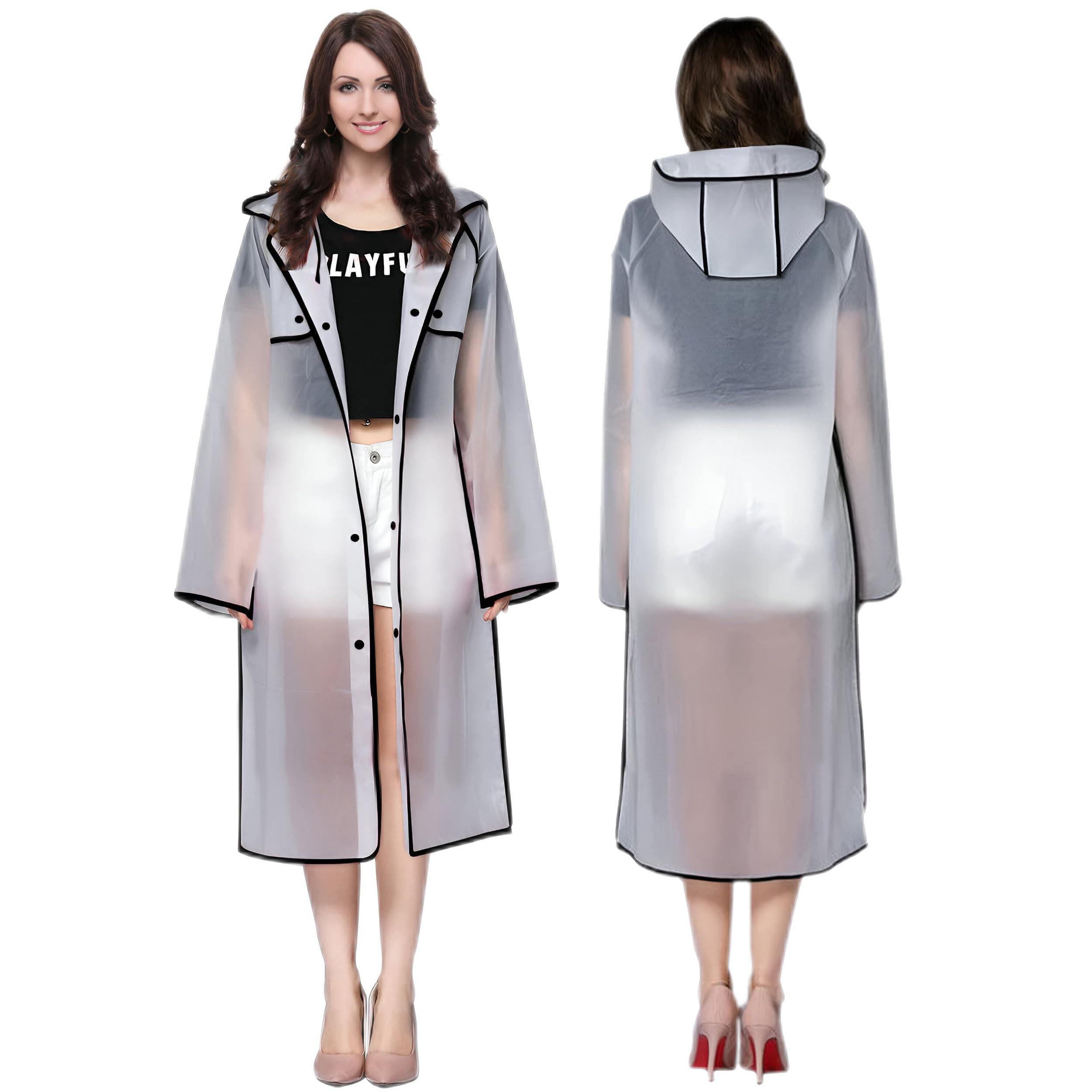 HACER EVA Raincoat Transparent Reusable Water Resistant Rain Suit with Hood and Sleeves for Women Men (XL, Black)