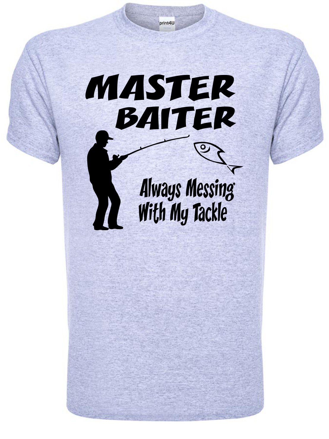 Print4u Men's Grey Master Baiter Fishing T Shirt Small Black Text