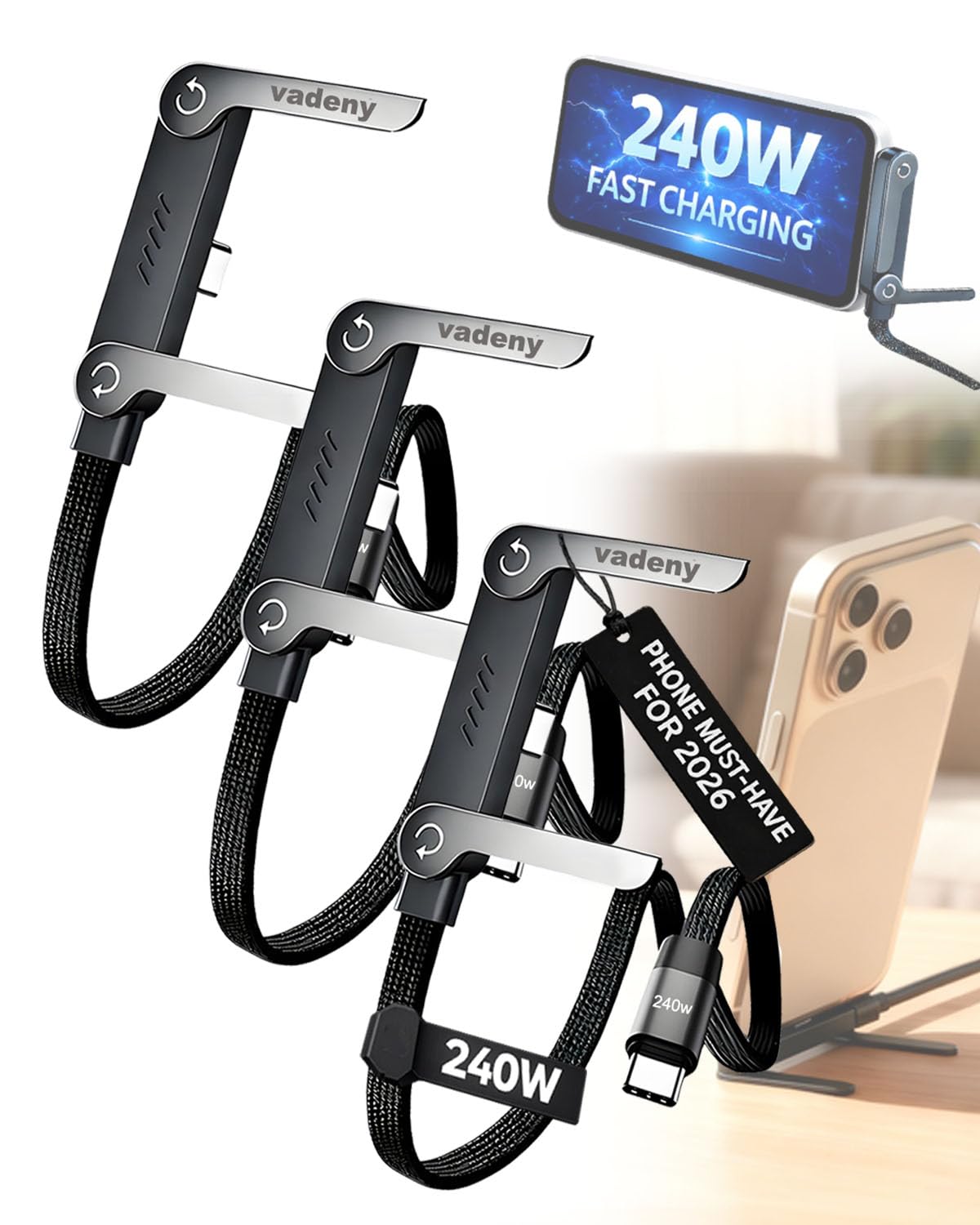 Cavo di ricarica 2 in 1, cavo di ricarica rapida da 240 W con supporto integrato, cavo di ricarica invisibile, rotazione a 360°, cavo USB C in nylon intrecciato ad alta velocità per telefono, tablet