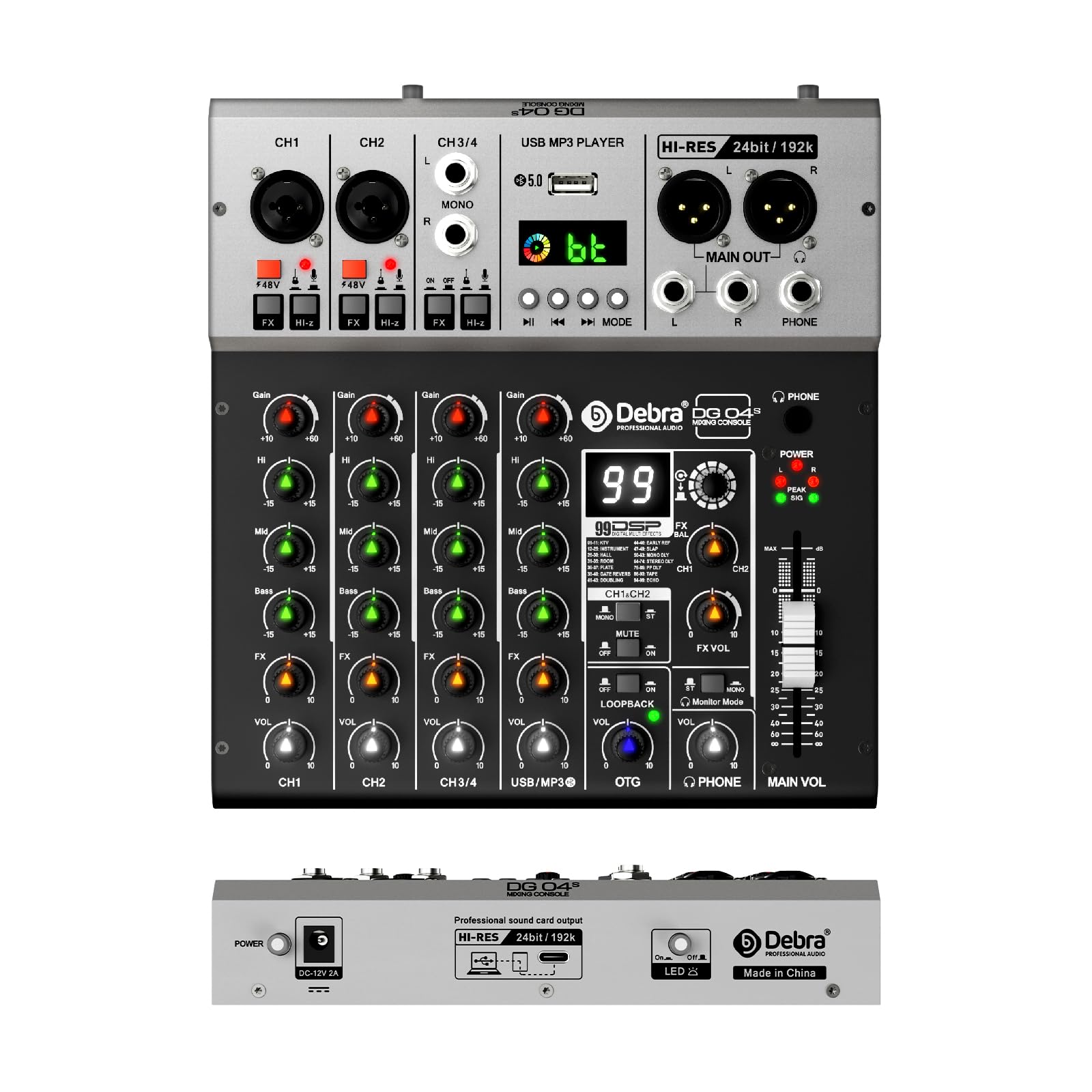 Debra Pro Audio Mixer Sound Card, 2-In/2-Out 24-Bit/192kHz Hi-Res Recording, 4-Channel Mi…