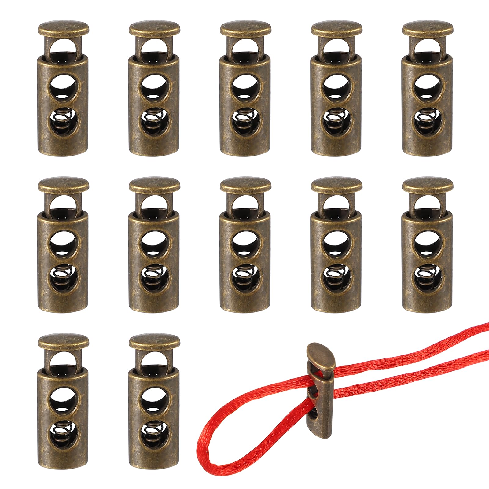 YELARXI Metal Cord Locks, Double Hole Draw String Spring Stopper Fastener Round Slider Toggles End 12 Pcs & Bronze Tone -Fitting for (Shoelaces/Drawstrings/Backpack/Clothing/Lanyard)