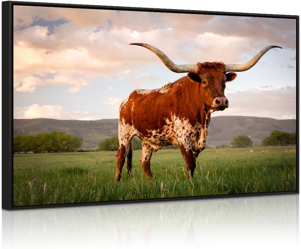 Visual Art Decor Large Animals Canvas Wall Art Texas Decor Longhorn in Sunset Farm Picture Prints Framed and Stretched Painting for Modern Home Living Room Decoration (28"x40" Origin)