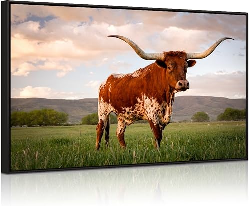 Visual Art Decor Lienzo decorativo para pared, diseño de animales grandes, Texas Longhorn in Sunset Farm, pintura enmarcada y estirada para