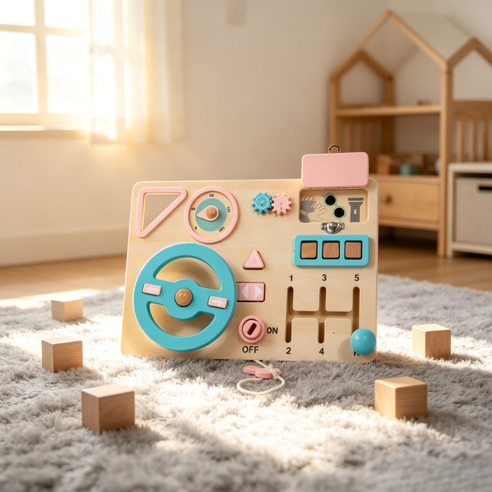 Tavola Educativo Educativo | Cruscotto Auto, Pannello Sensoriale in Legno, Robusto, Giocattolo con Attività, per Casa, Bambini