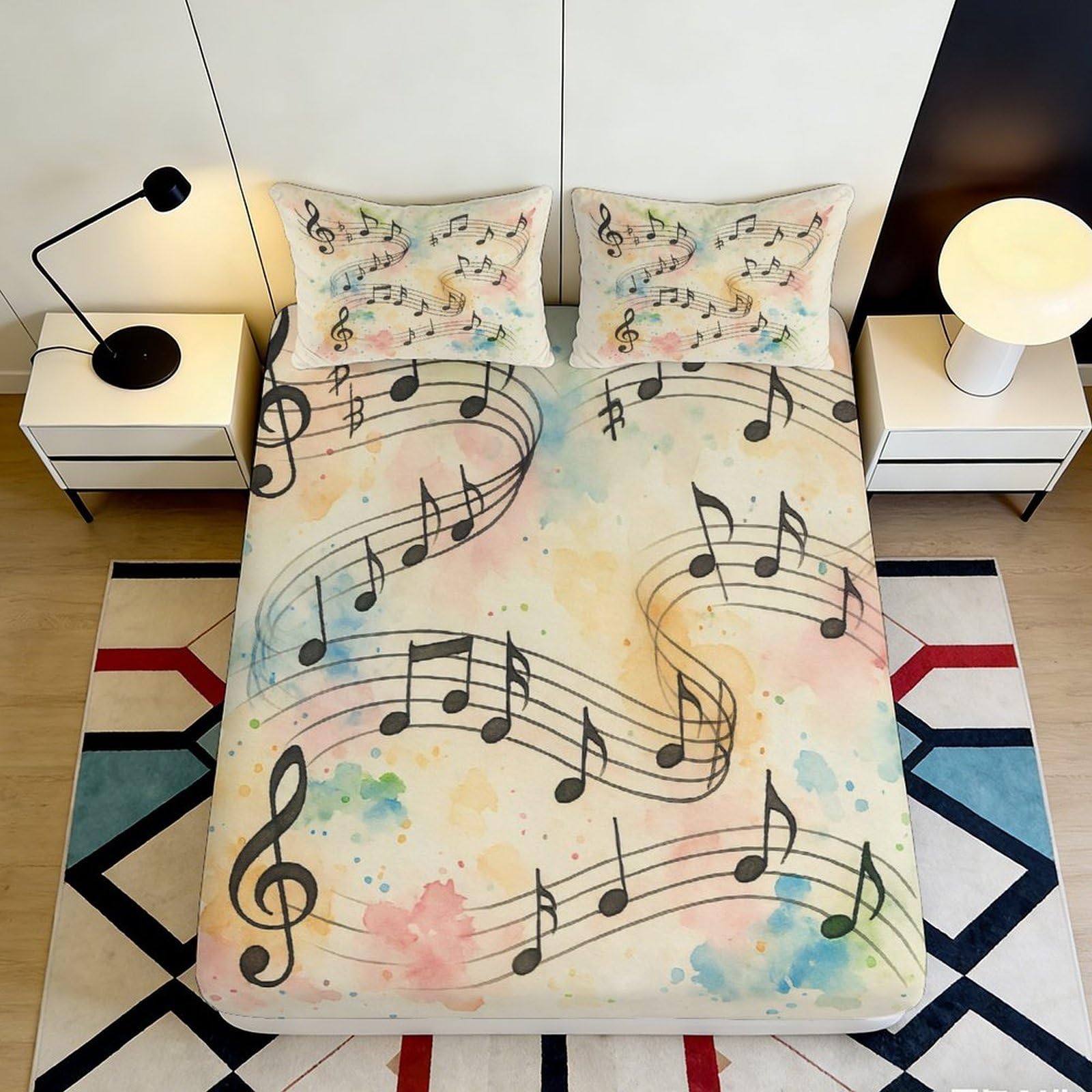3D Printed Watercolor Musical Notes Fitted Sheet Microfiber Soft Non-Slip Music Staff Bed Cover for Bedroom Decor 90x200x25cm