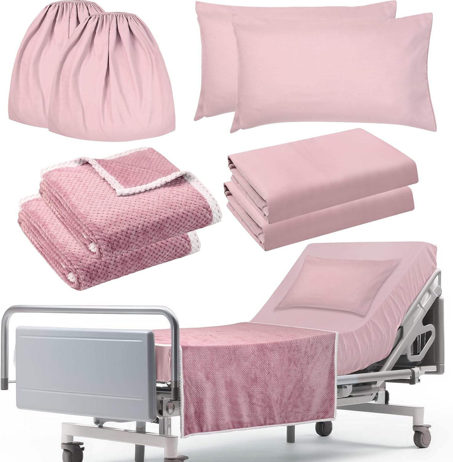 8 Pcs Hospital Bed Sheets Set, Soft Knitted Standard Sheets Quality, Include Fitted Sheet, Quilt Cover, Pillow Case and Blanket (Pink) 8 Pink