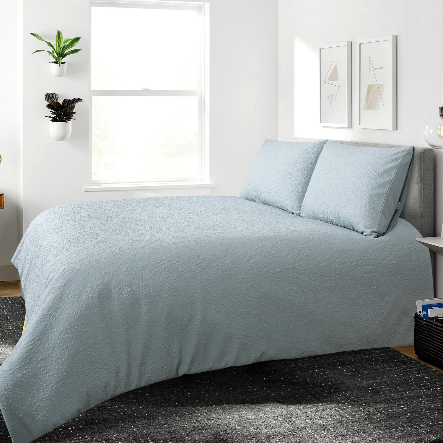 Chlophy Duck Egg Blue Duvet Sets King Floral Duvet Cover Damask Mandala Textured Embossed Medallion Bohemian Jacquard Garland Light Blue - Image 2