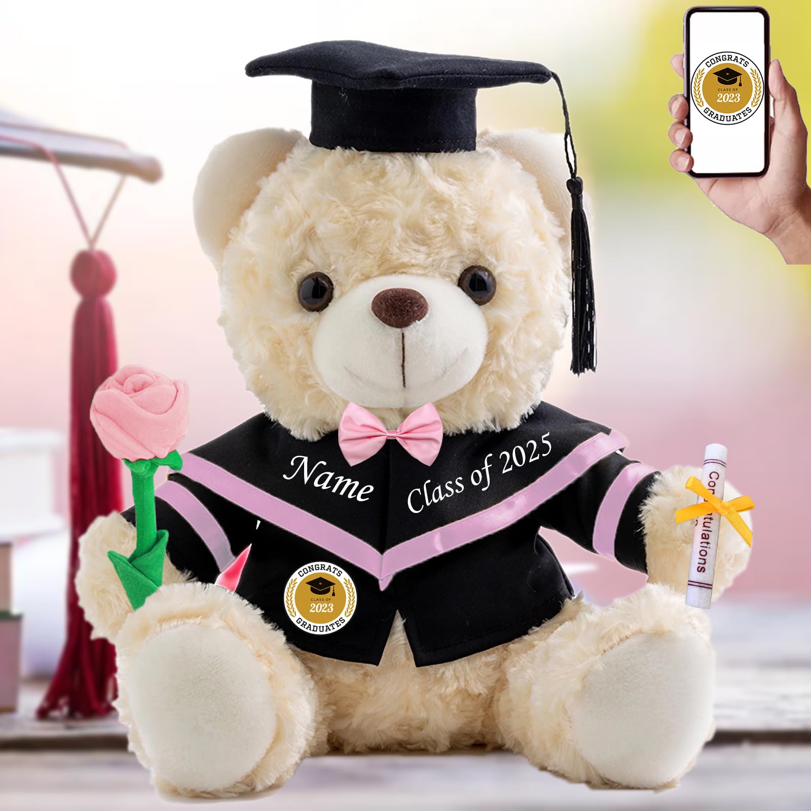 MeterBear Graduation Bear Class of 2026 Personalised Graduation Gifts with Custom Text+Photo, White Teddy Bear with Rose & Bow as Grad Gift for Her 2026 High School College (8IN-Text+Photo)
