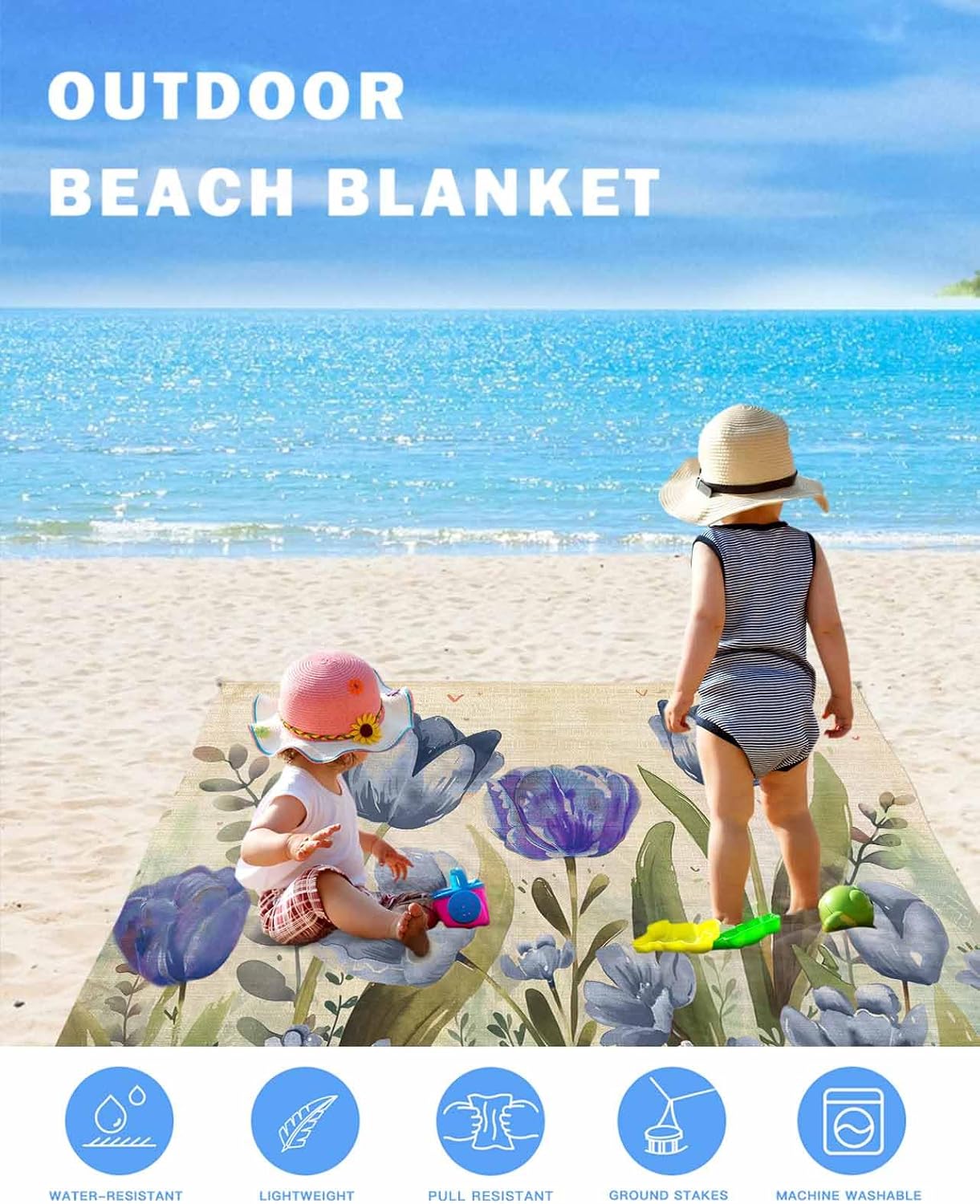 Tulip Blue Purple Flower on Burlap Beach Blanket Waterproof Sandproof Outdoor Picnic Mat 95"x80" Watercolor Botanical Leaves Lightweight Large Beach Blankets with 4 Stake & 4 Corner Pockets