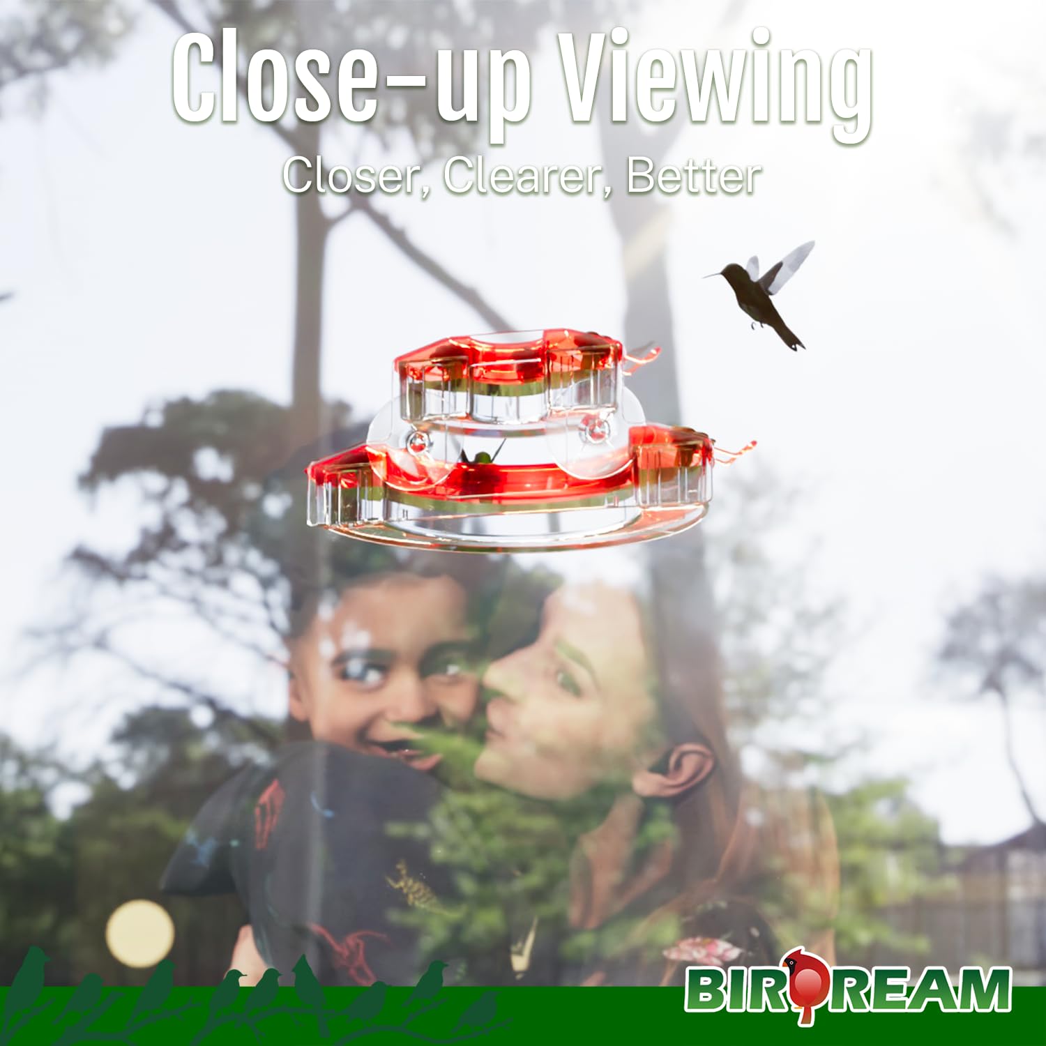 Birdream Comederos de colibrí para ventana para exteriores, con ventosas fuertes y 7 puertos de alimentación, fácil de usar y mantener, regalo para los amantes de los pájaros, comedero de plástico