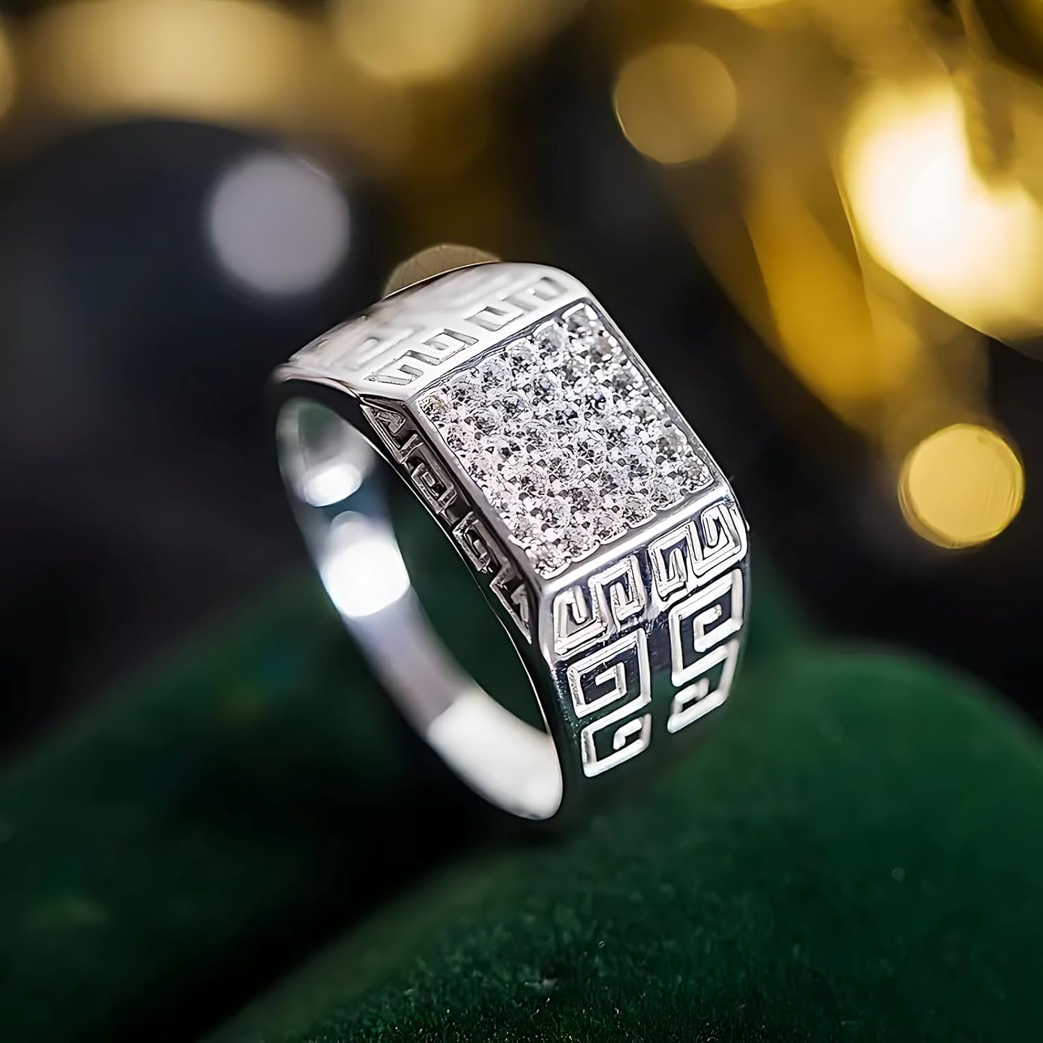 Sterling Silver Rings S925 Silver Men's Ring Men's Wedding Rings with 36 Sparkling Zircons – Square Shape & Ancient Greek Patterns Style