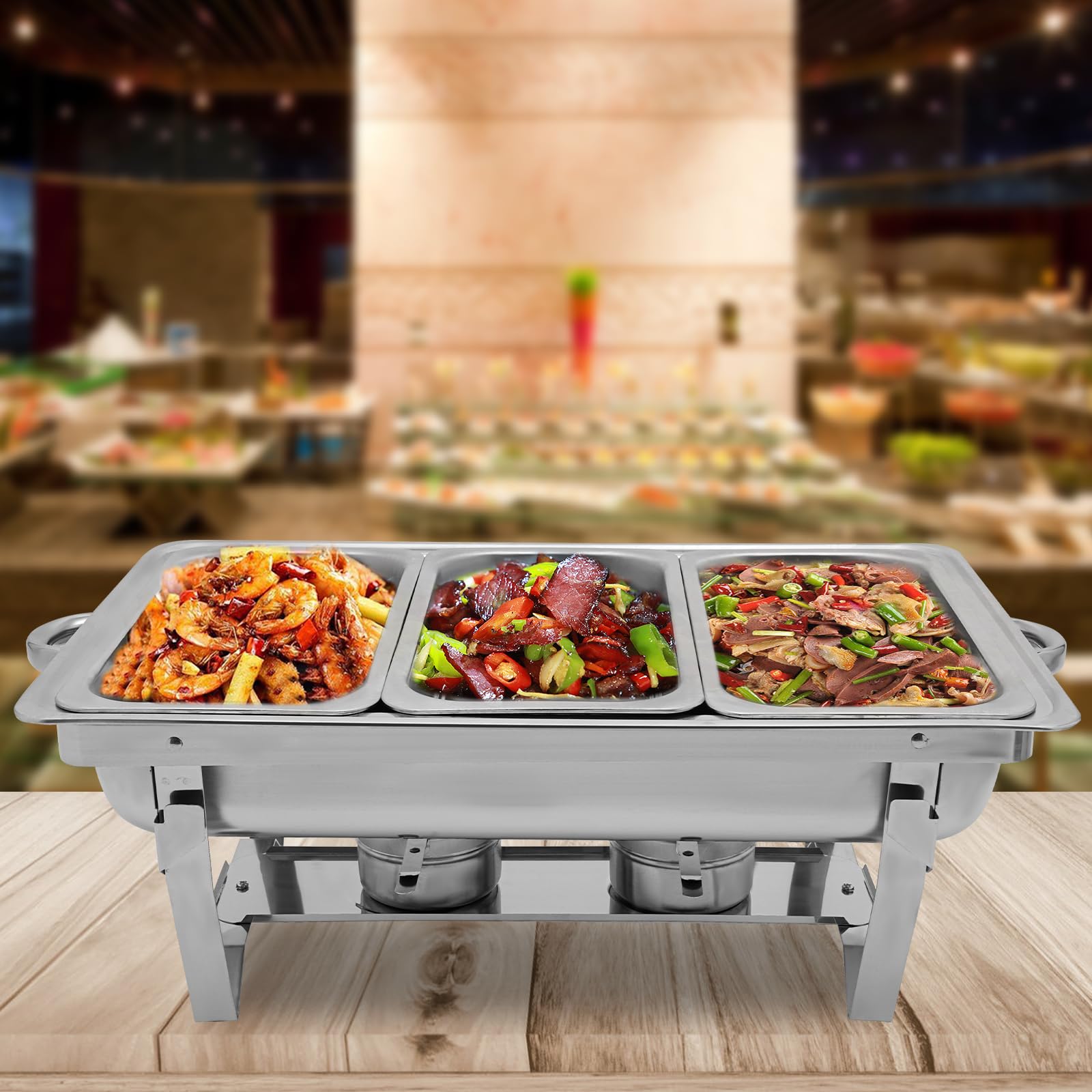 Calentador de alimentos de 9 l, recipiente térmico de acero inoxidable, marco plegable de acero inoxidable, juego de buffet plateado, rectangular, para catering, buffet y fiestas (3 bandejas)