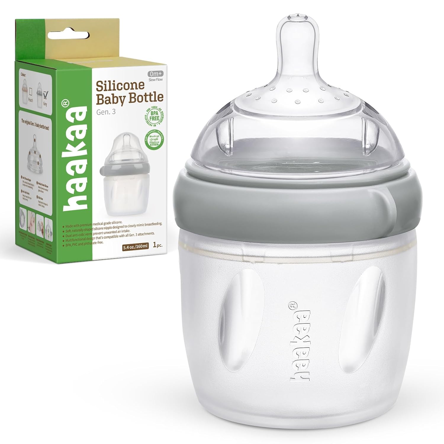 haakaa Gen. 3 Silicone Baby Bottle 160ml /5.4oz – Baby Bottles for Newborn 0M+, BPA-Free Breastfeeding Baby Bottle with Natural Latch, Slow Flow Anti-Colic Silicone Baby Bottle– Grey