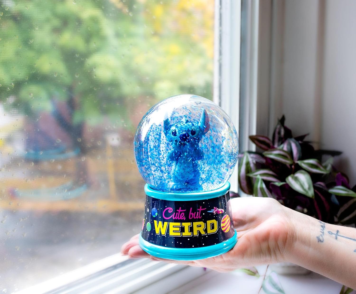 Disney Lilo & Stitch Cute But Weird Light-Up Adult Snow Globe with Swirling Glitter Display Piece | 6 Inches Tall