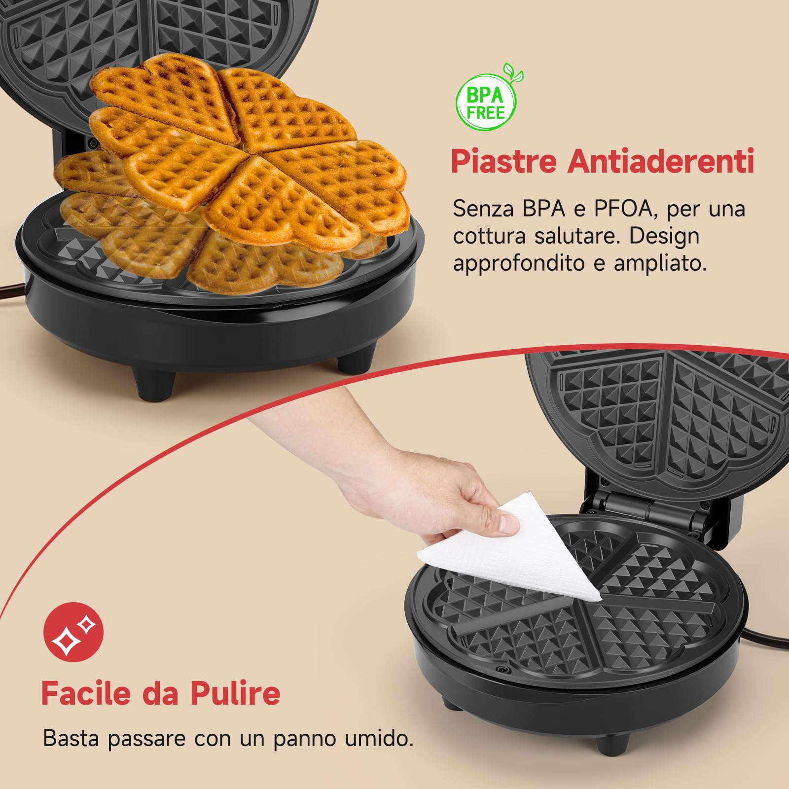 Aigostar Macchina per Waffle a 5 Cuori, 1000W, Piastre Antiaderenti da 19 cm, Cottura Regolabile, Indicatore LED, Maniglie Antiscottatura, Design Compatto in Acciaio Inossidabile, BPA FREE, Crunchy