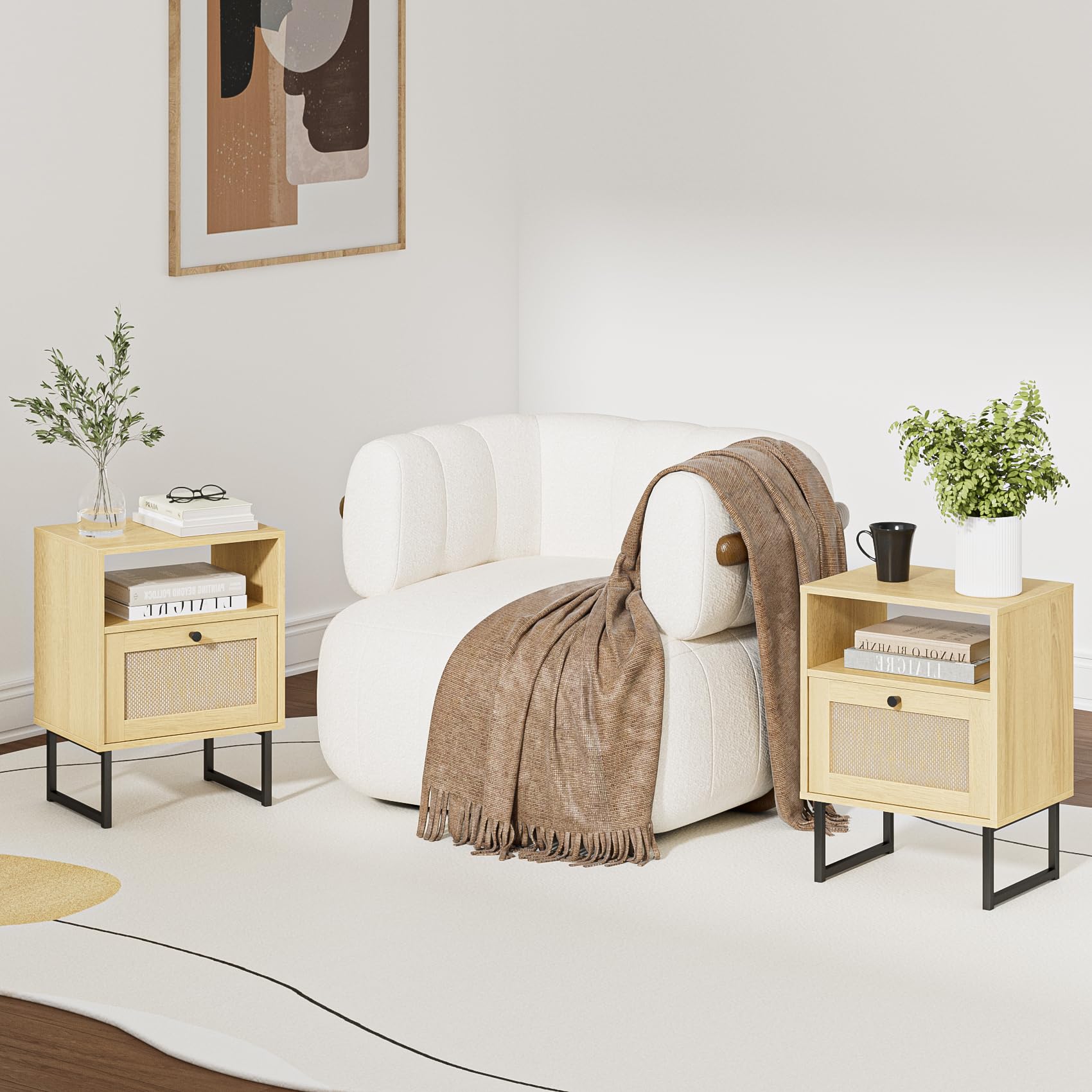 HEYZOEY Comodino boho piccolo in rattan, comodino in legno con cassetto e ripiano in rovere, tavolino per camera da letto, soggiorno, ufficio (rovere rattan)