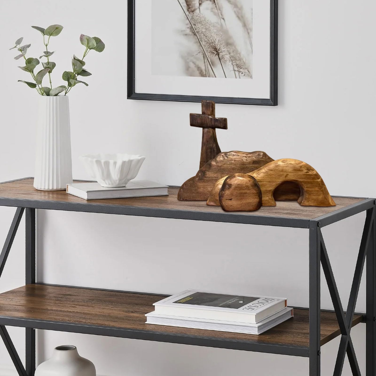 GGXDH Osterkrippe Holz Osterszene Dekoration, Handgefertigte Jesus Krippe Holzkreuz Osterfigur Auferstehungs Szenen Set, Ostern Jesus Schild Etagere Tablett Dekorationen für Zuhause Tischplatte Büro