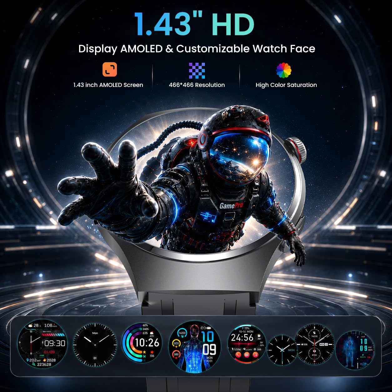Smartwatch Herren EKG+𝐇𝐑𝐕 Blutdruck Herzfrequenz: Smart Watches Uhr Schwarz 1,43" Rund AMOLED Gesundheitsuhr 𝐄𝐂𝐆 Armbanduhr Wasserdicht Schrittzähler Telefonfunktion Fitnessuhr Uhren Android iOS