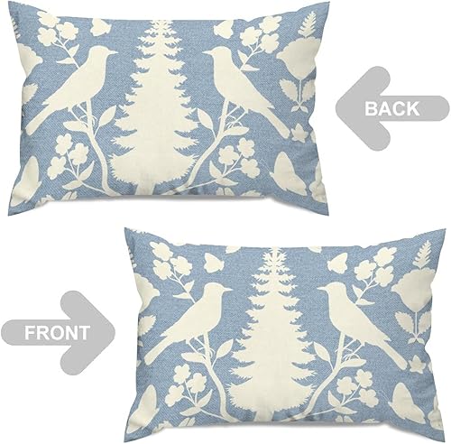 Miniatura 3 de Fundas de cojín de flores de pájaro azul cielo y marfil, fundas de almohada botánicos y pájaros, estilo chinoiserie, almohadas de lanzamiento de