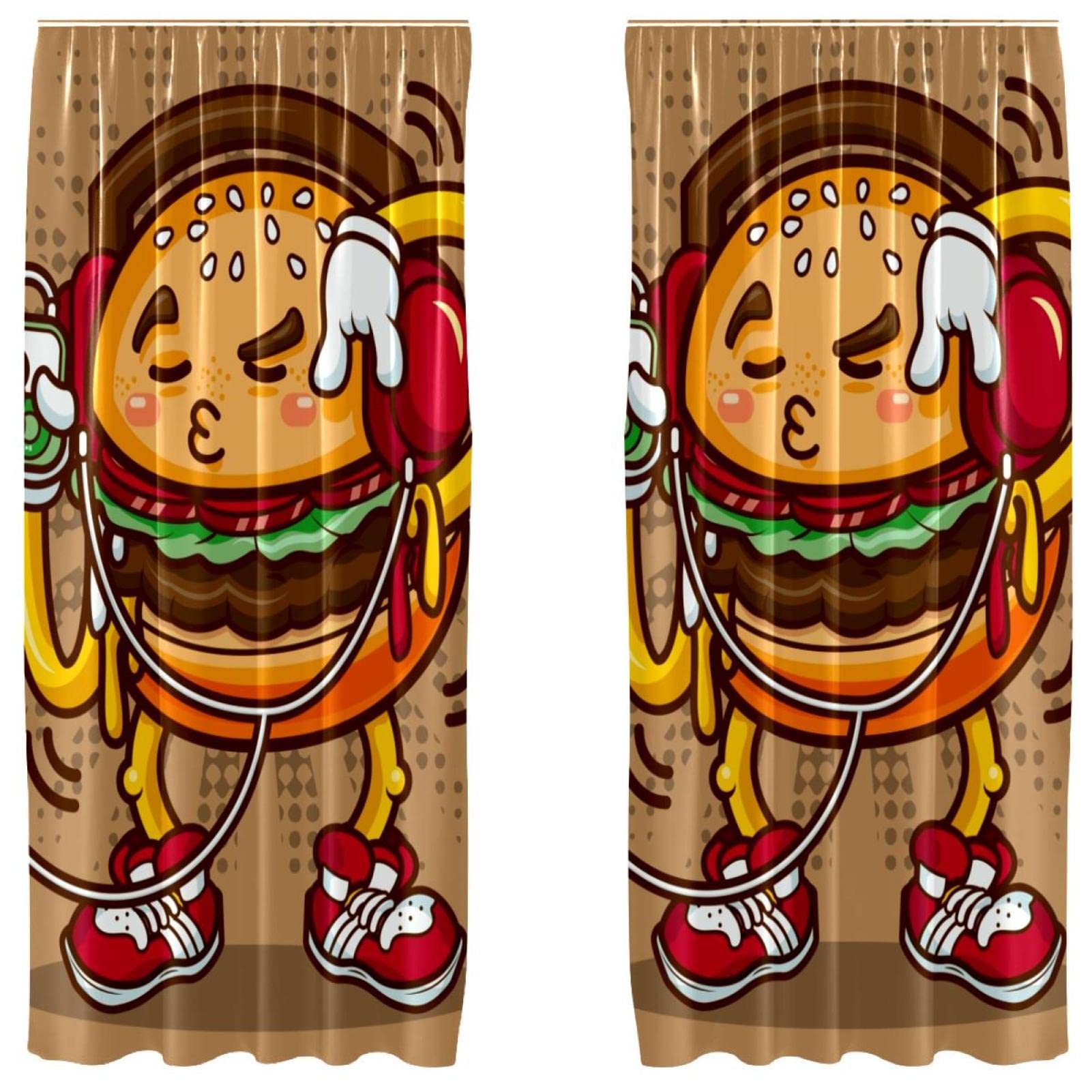 Cortinas decorativas de 55x84 pulgadas con diseño de hamburguesa musical animada