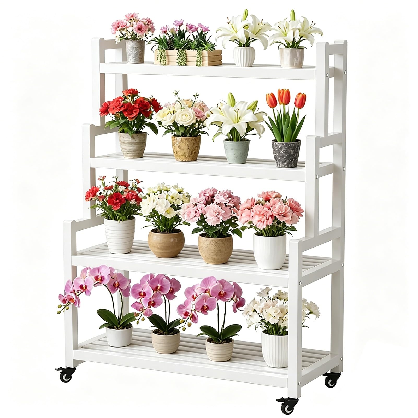 DMCHENGMA 4 Tier Plant Stand Indoor Outdoor with Wheels, Large White Metal Plant Shelf for Multiple Plants, Heavy Duty Tall Flower Rack(120x40x145cm)