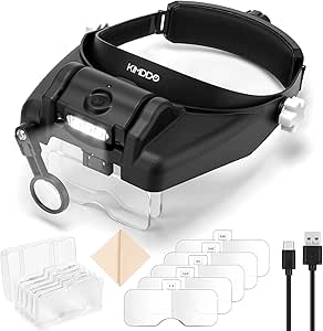 KIMDDO Magnifying Glasses with Light, 1X to 14X Magnifying Glasses Headset Hands Free, Rechargeable Headband Magnifier with 6 Detachable Lenses for Hobby Reading Crafts Jewelry Close Work (Black)