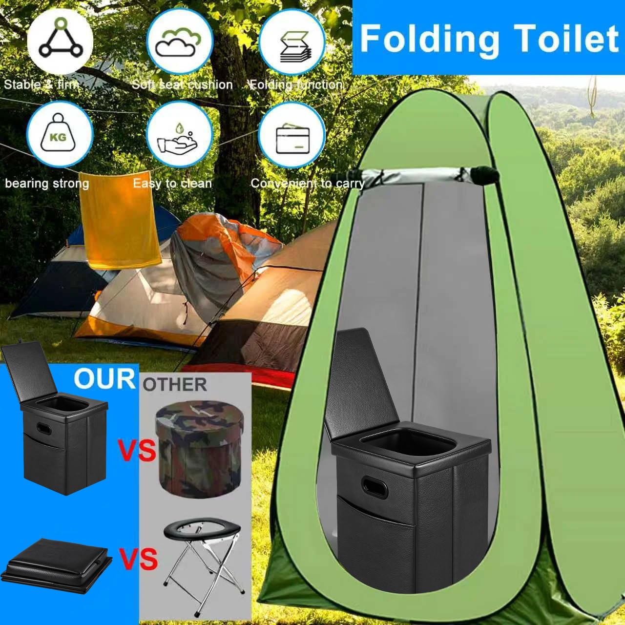 Kit de inodoro portátil con tienda desplegable de privacidad, baño todo en uno al aire última intervensión y vestuario con asiento de inodoro de camping, bolsas de desechos, luz LED para camping