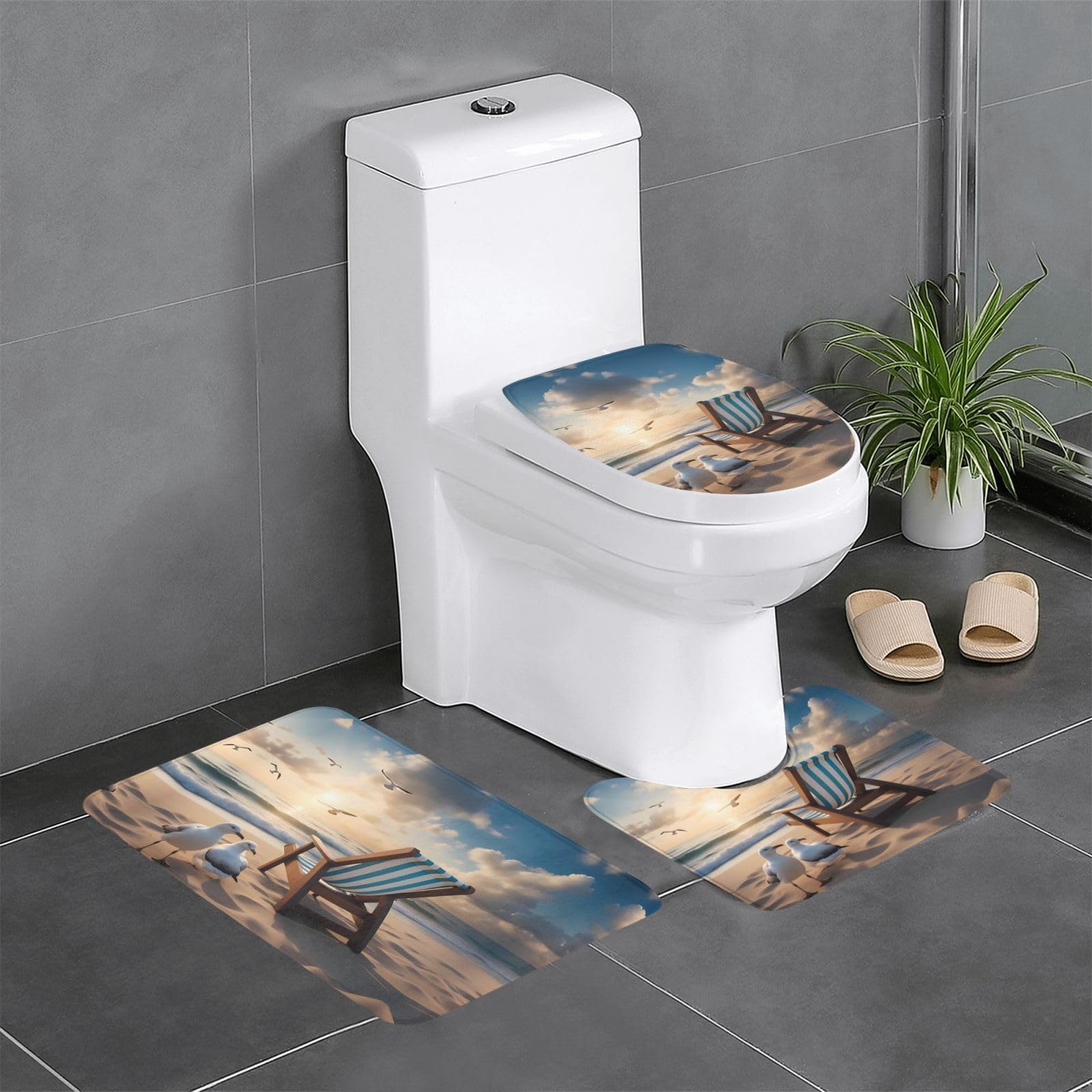 Ensemble tapis de bain antidérapant trois pièces bleu mer contre sol glissant