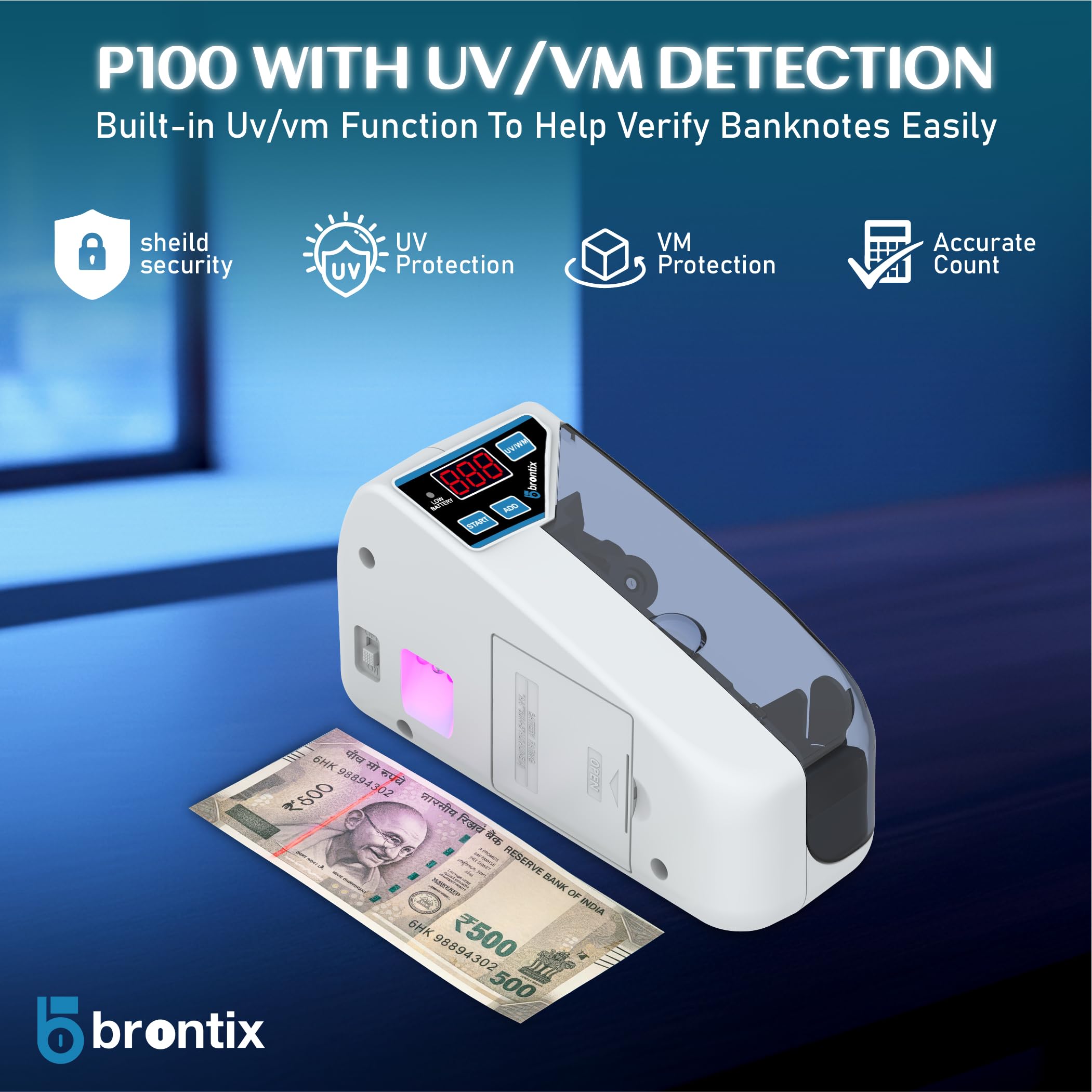 BRONTIX P-100 Money Counting Machine Mini | LED Display Note Counting Machine Cash Counter Machine Mini with UV/WM Detection, Auto Shut-Off Currency Counting Machine for Home (Portable Bundle) 2