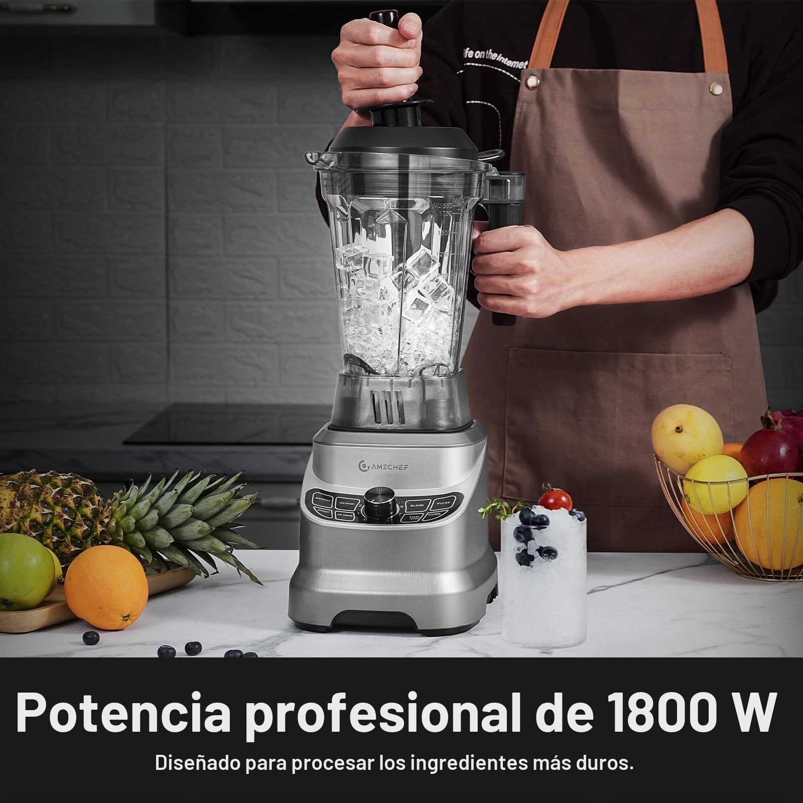 AMZCHEF Batidora de Vaso Profesional con 8 Velocidades Seleccionables 1800W | 1.85 Litros Licuadora para Zumos y Batidos, Smoothies, Frutas Congeladas, Pica Hielo
