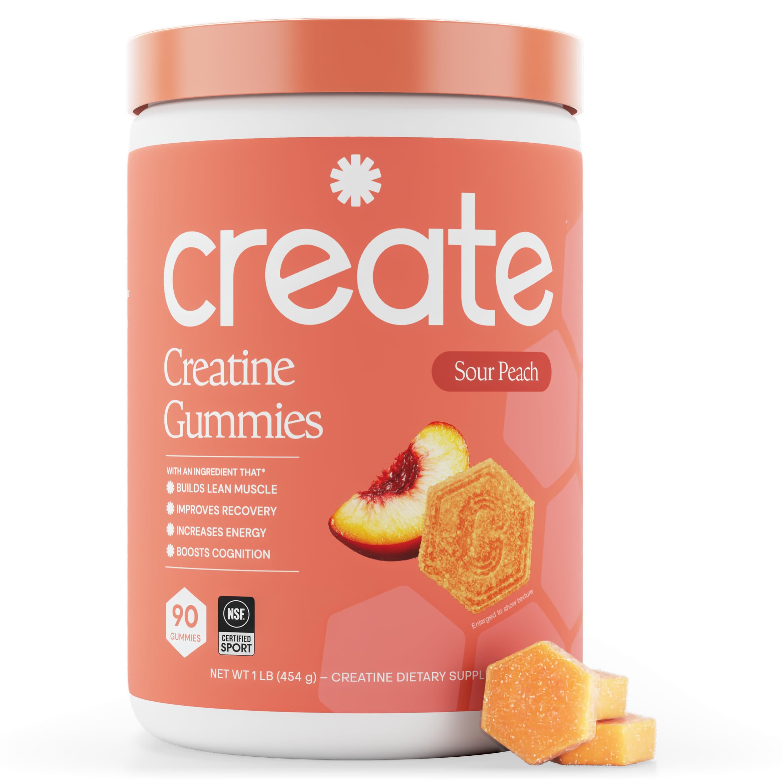 Create Creatine Monohydrate Gummies for Women and Men, Sour Peach, 90ct