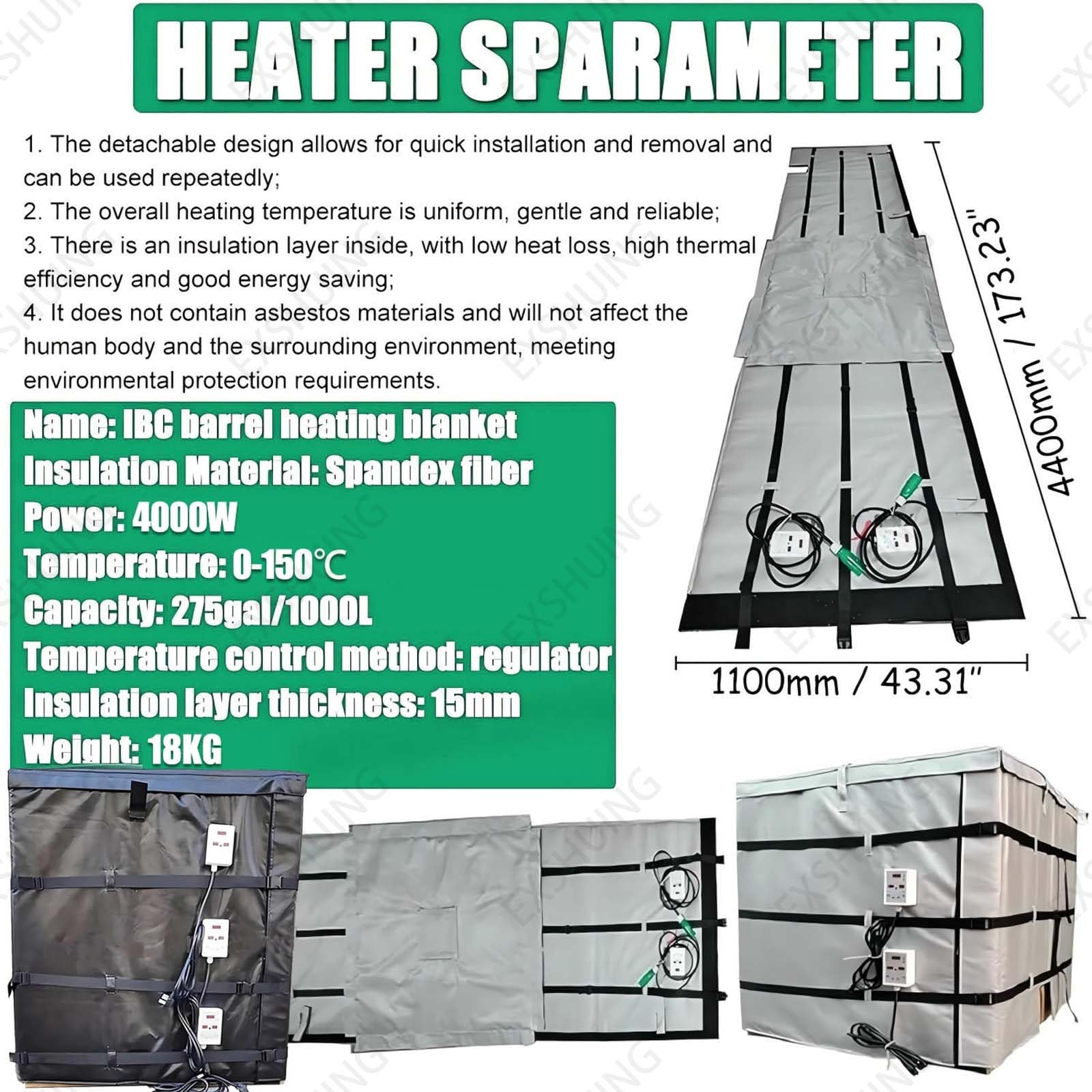 Manta Calefactora Para Bidones, Calentador Profesional Para Bidones Ibc De 55/275 Galones (200 L/1000 L), 2000 W/4000 W, Controlador Digital 0-150 °C, Capa Aislante De 15 Mm(Gray,275Gal/1000L)