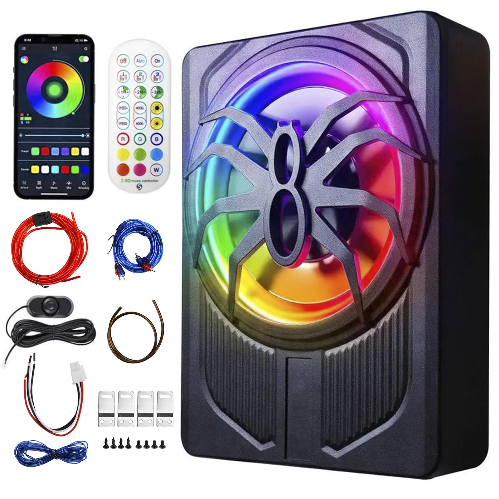 Topteng 10" 12V Slim Under Seat Powered Car Subwoofer with 1200W Max Power, Built-in Amplifier, App Control And Dynamic RGB Light, 4Ω 90dB Hi/Lo Input Bass Speaker Adatto per Car Truck SUV MPV