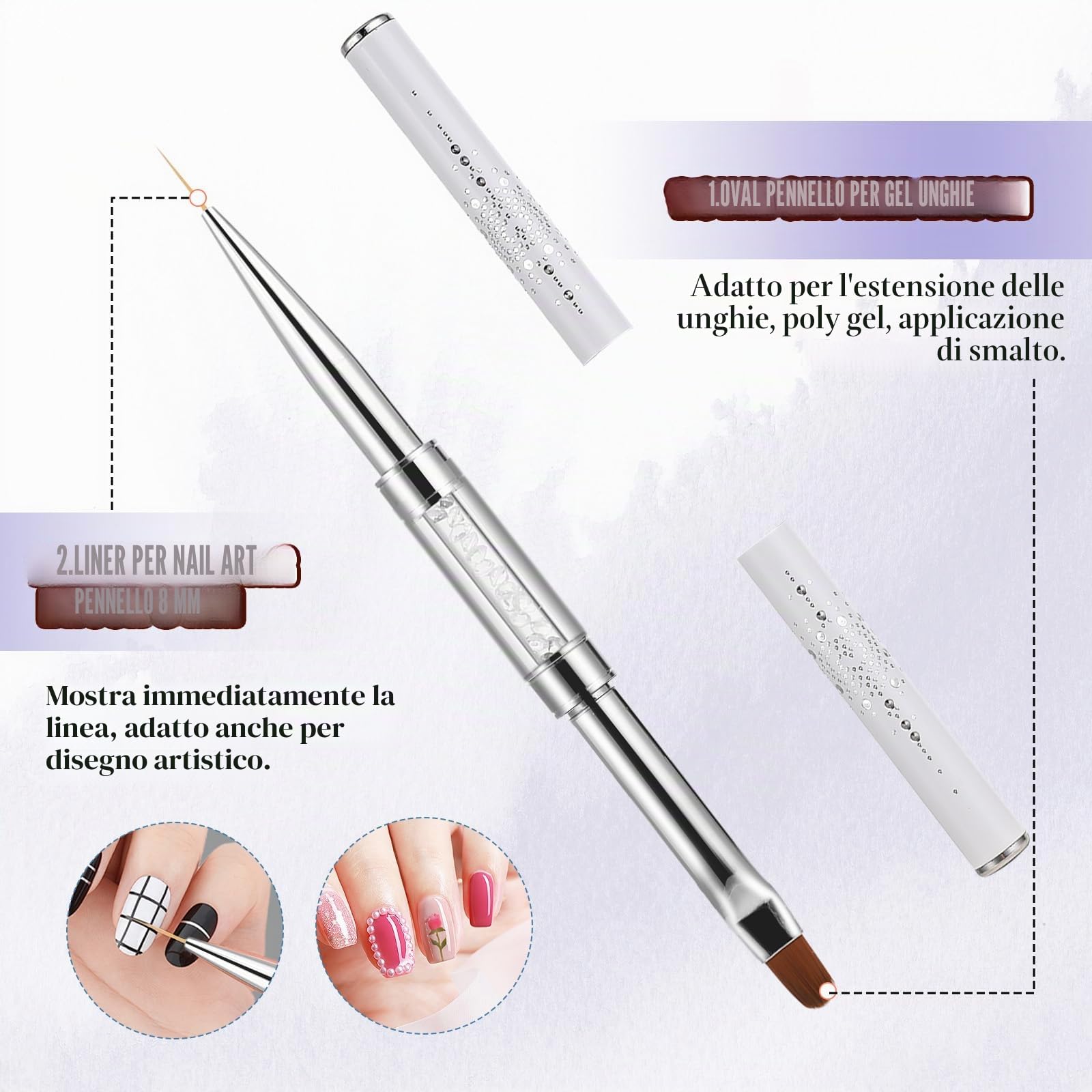 simarro Pennello per unghie a doppia estremità, manico con strass, pennello per unghie in gel, strumenti professionali per nail art, pennello per punteggiatura (1 pezzo bianco)