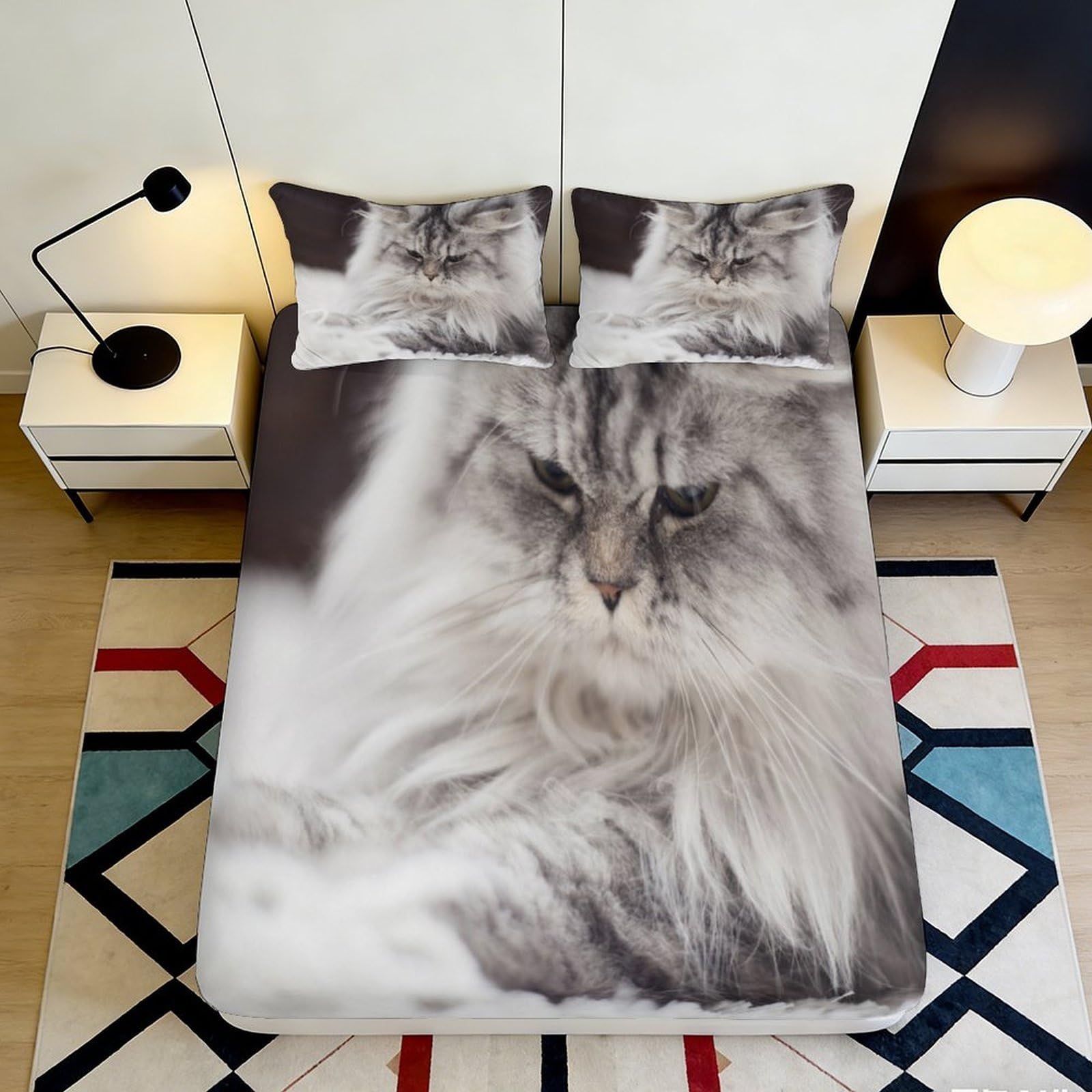 3D Printed Fluffy Cat Fitted Sheet Microfiber Soft Breathable Realistic Cat Face Mattress Cover Bedroom Decor 90x200x25cm
