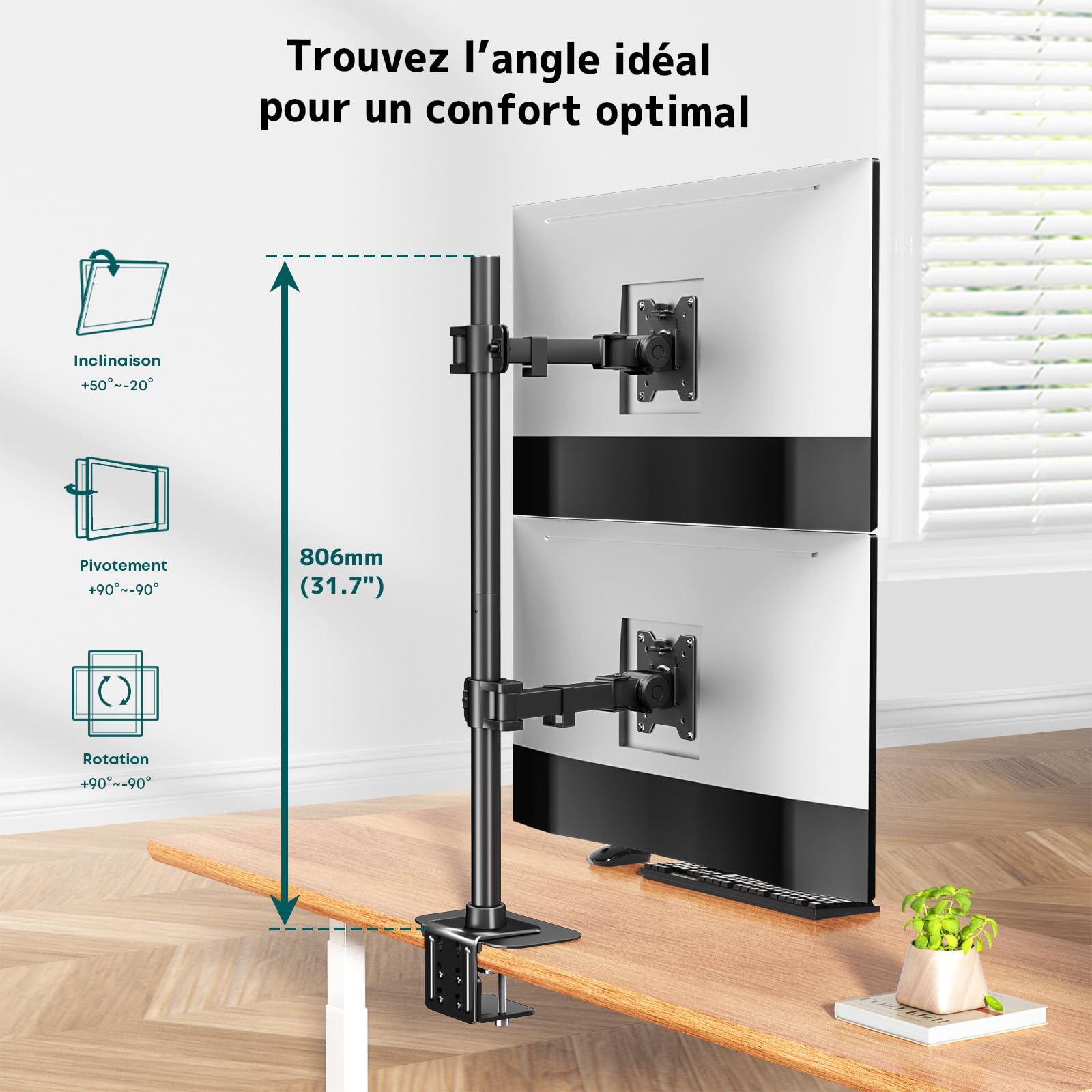 Bras Double écran Robuste pour écrans de 17 à 49",Réglable 360° & VESA Rapide, Compatible Écrans Plats/Curved, Gestion Câbles & Gain de Place
