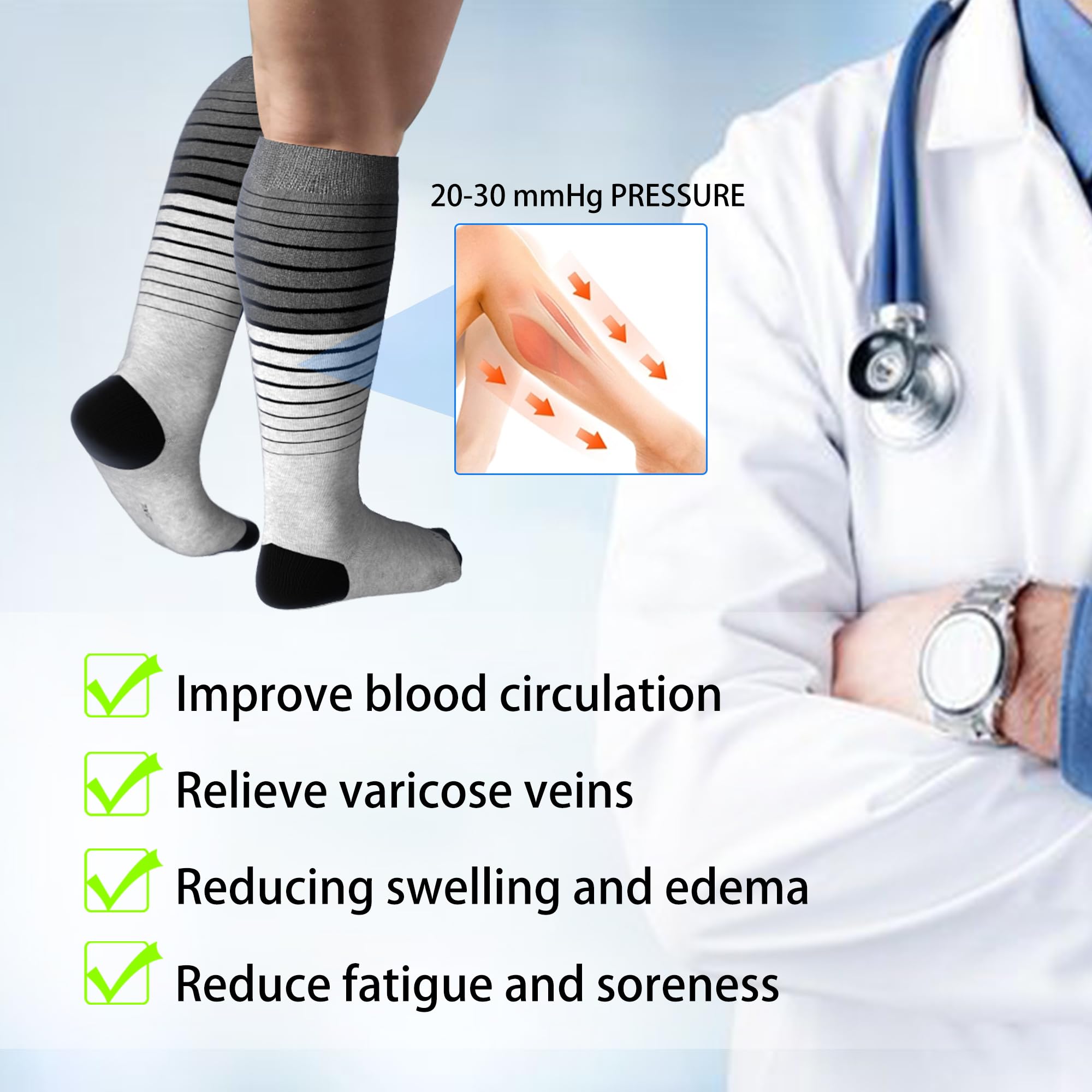 LEVSOX Calcetines de compresión de viscosa para mujeres y hombres, 20-30 mmHg, hasta la rodilla, bonitos calcetines de apoyo para enfermeras, embarazadas, viajes