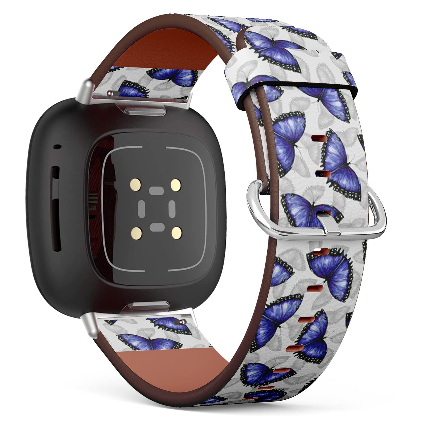 CJBROES Replacement Leather Watch Band, Compatible with Fitbit Versa 3 and Fitbit Sense of Wristband Bracelet Accessory - Watercolor Blue Butterflies