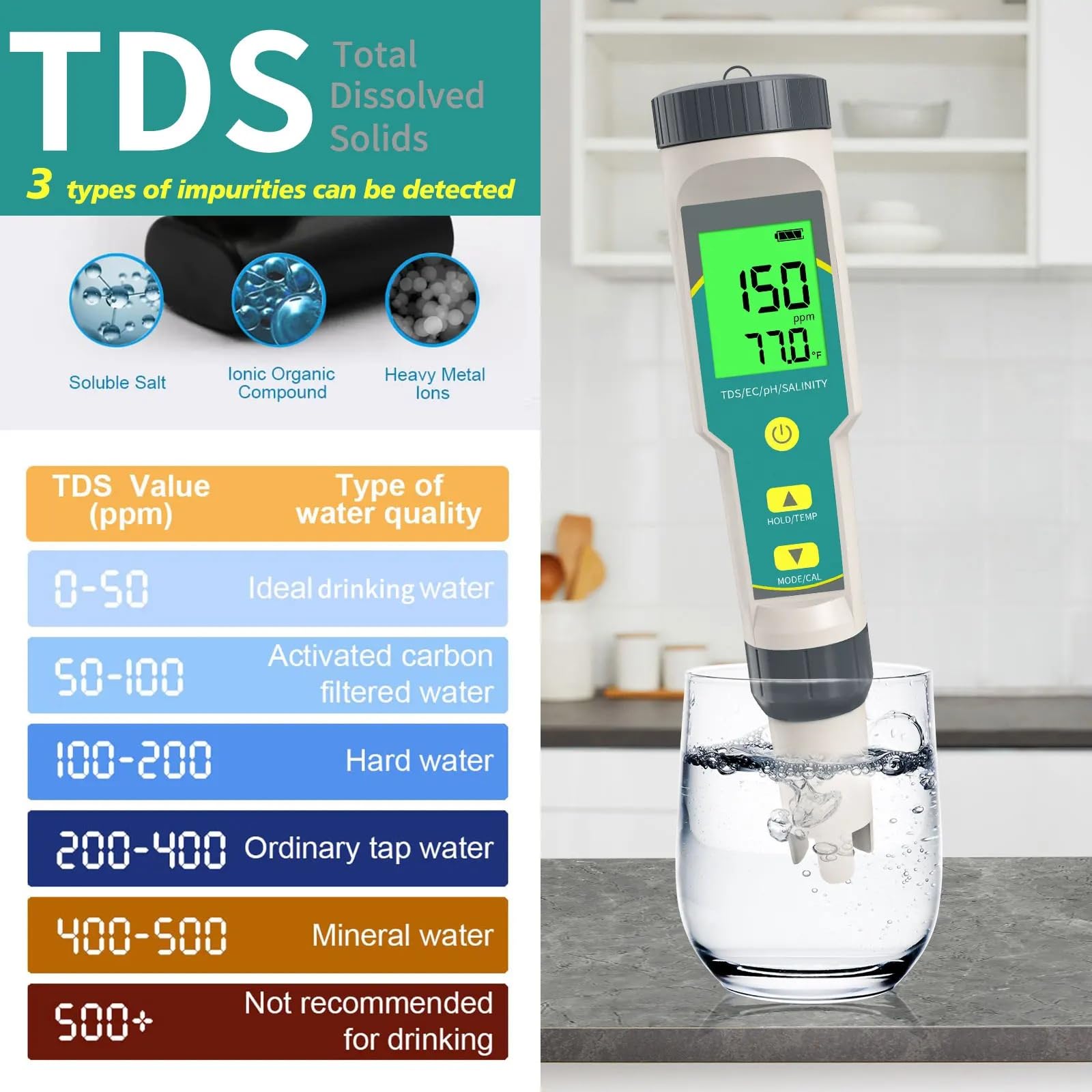 Testeur numérique de qualité l'eau 5 en 1, PH TDS EC, compteur température salinité