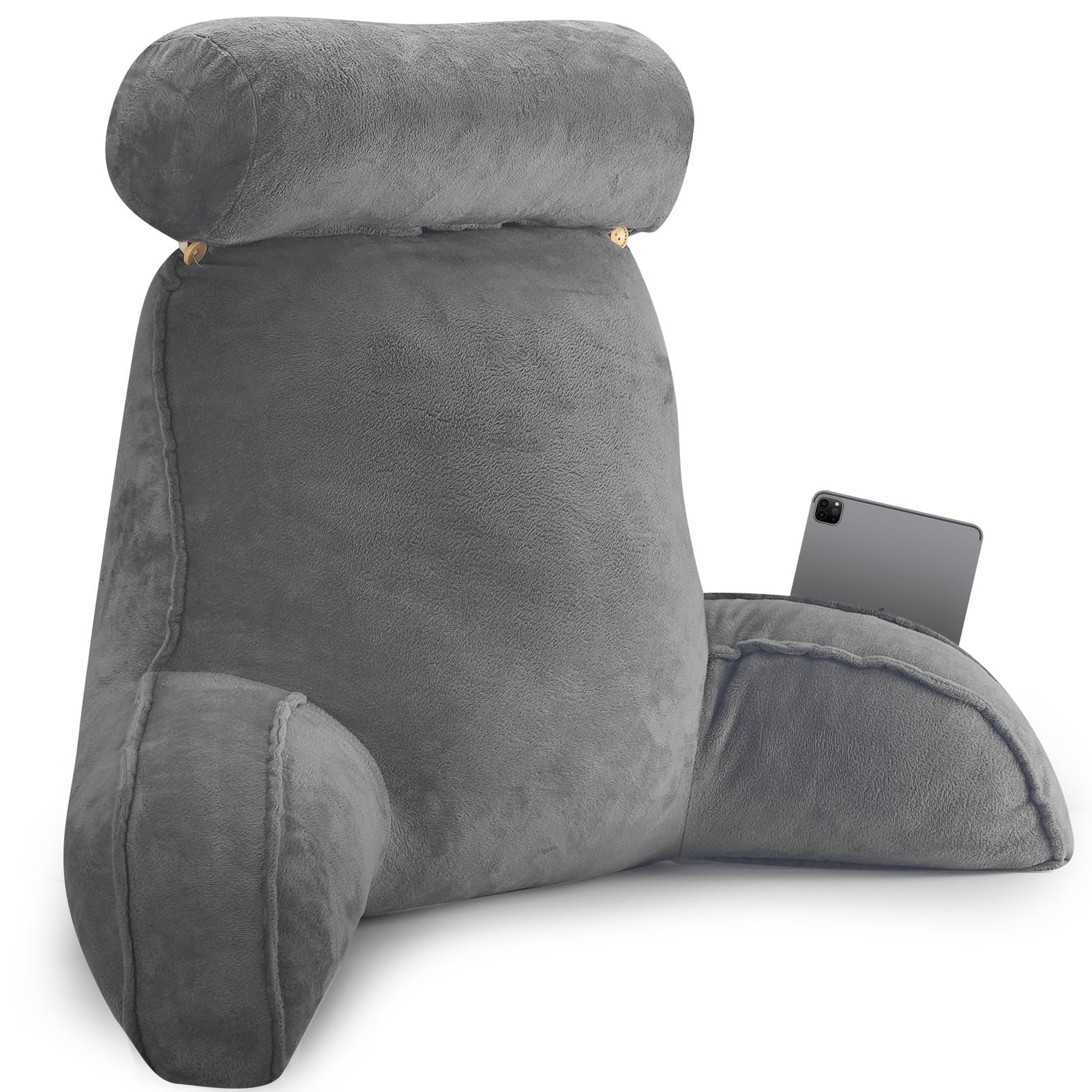 OZMI Reading Pillow for Bed Adult, Large 60cm Cuddle Cushion Back Pillow with Headrest for Sitting in Bed, Reading Cushion Backrest Pillow with Arms & Pockets for Watching TV Gaming Relaxing, Grey