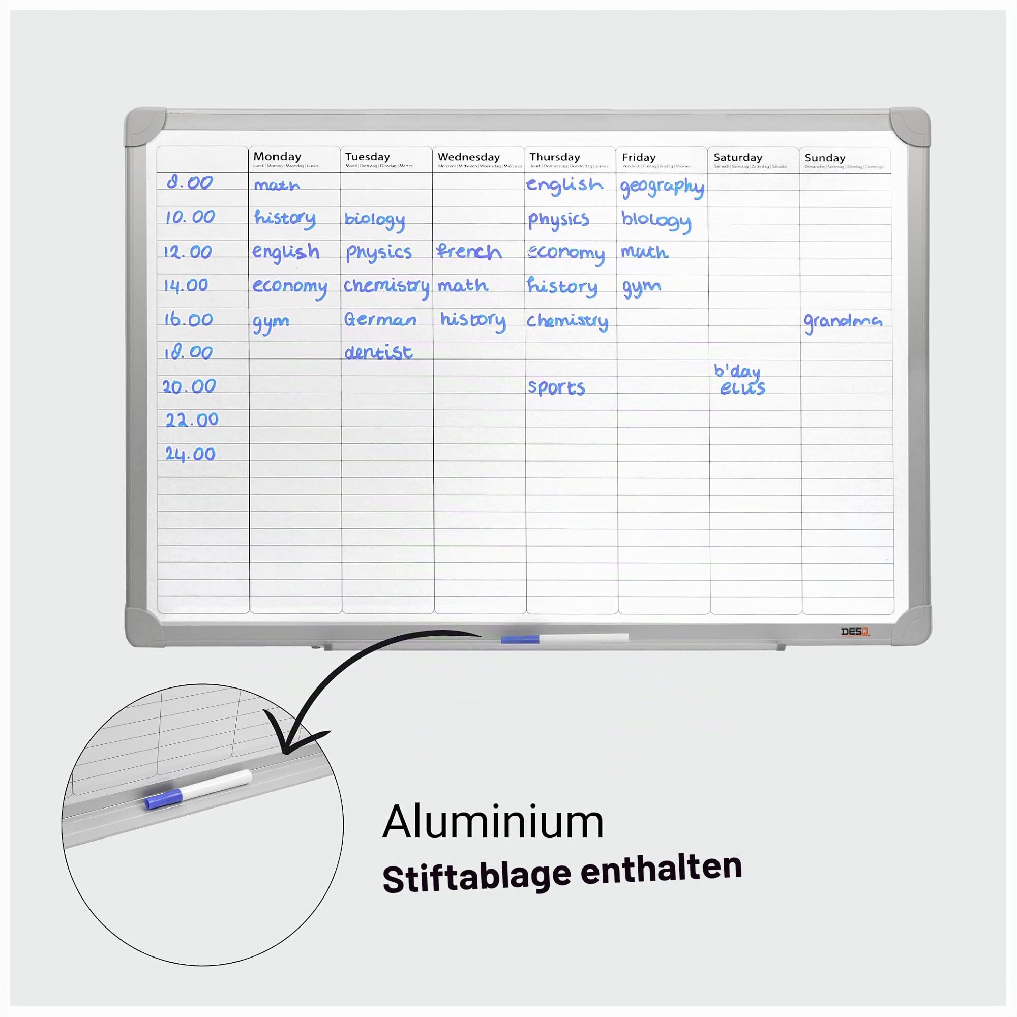 Desq® Wochenplaner | Magnethaftend | Aluminium Rahmen | 60 x 90 cm | Aluminiumablageschale