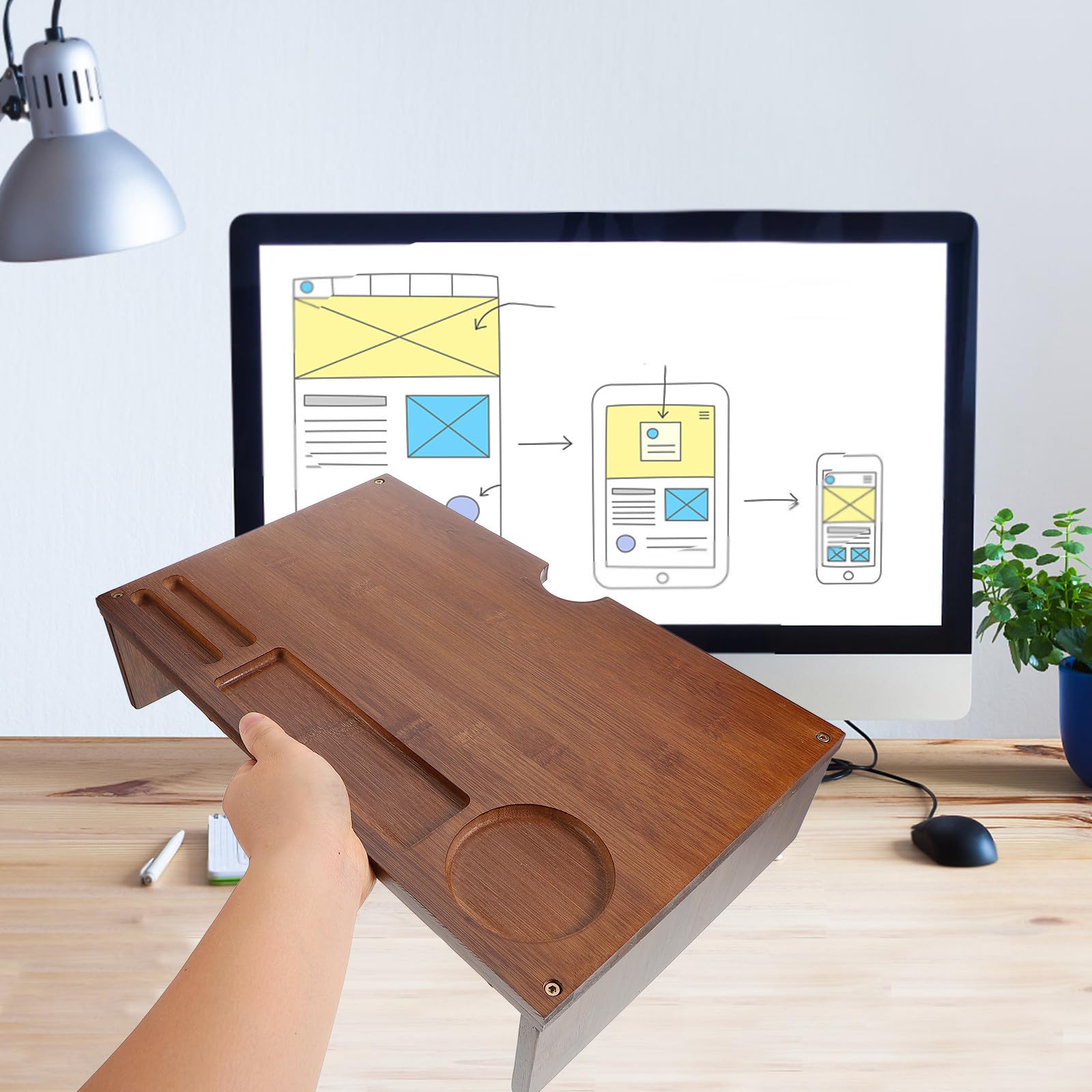 Soporte de Monitor de Escritorio, Soporte Elevador para Portátil de Madera, Café, para Oficina, Mejora la Postura y Organiza el Espacio