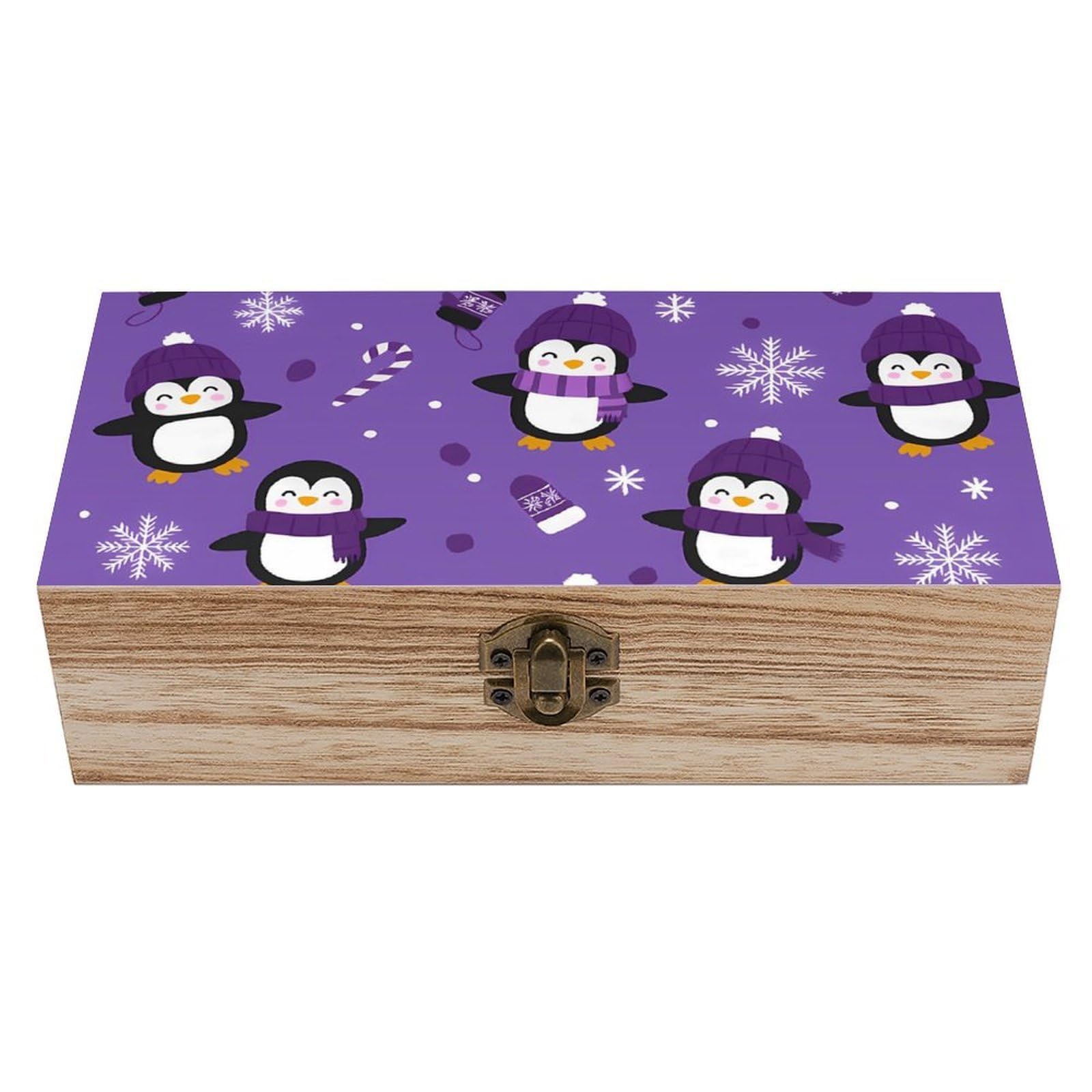 Oudrspo Purple Christmas Penguin Retro Wooden Storage Box Keepsake Jewelry Decorative Art Storages Box Gift Boxs