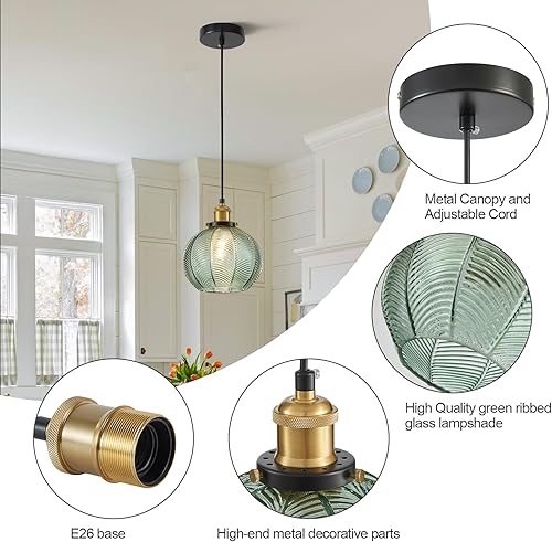 Miniatura 7 de Lámpara colgante vintage con 1 luz para fregadero de cocina, con vidrio soplado a mano verde, pequeña lámpara colgante para cocina, isla, comedor,