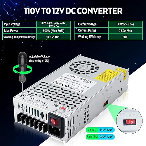Miniatura 3 de VAYALT Fuente de alimentación de conmutación DC 12V 50A 600W, Convertidor de CA a CC de 110V220V, Conmutación regulada universal, Fuente de