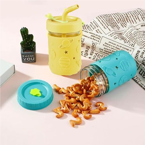 Miniatura 7 de PandaEar Vasos de vidrio para niños y niños pequeños, paquete de 4 vasos de vidrio Mason de 8.45 onzas con fundas y pajitas de silicona, vasos para