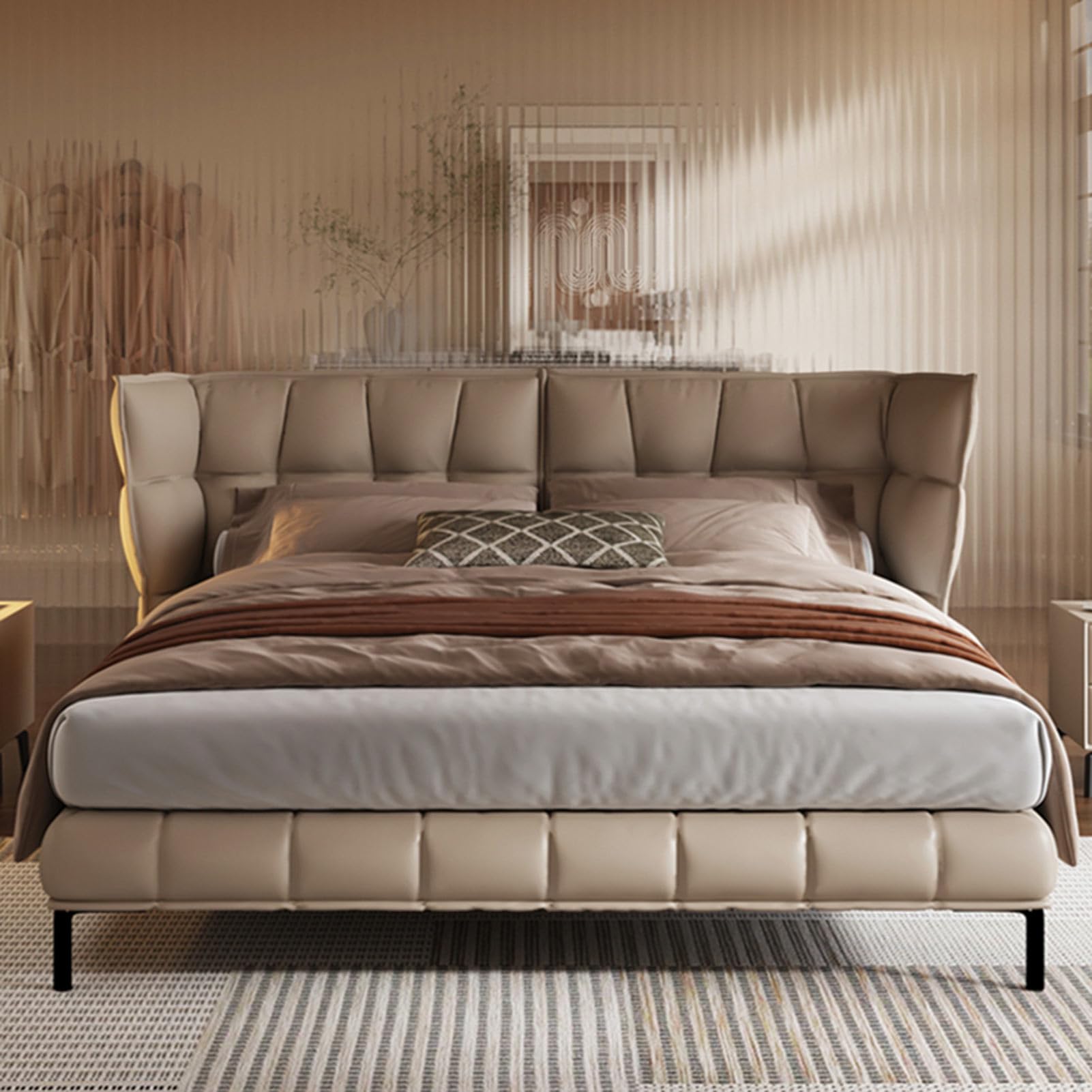 OUDINI Modern Simple Double Platform Bed Strong Wood Slats Support King Size Upholstered Platform Bed Frame Noise Free